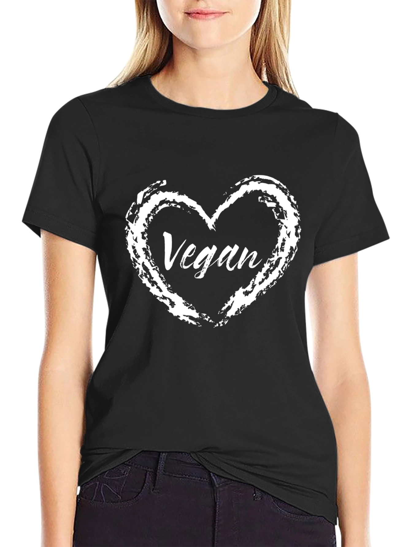 Vegan Heart Graphic Tee - Black Crew Neck T-Shirt