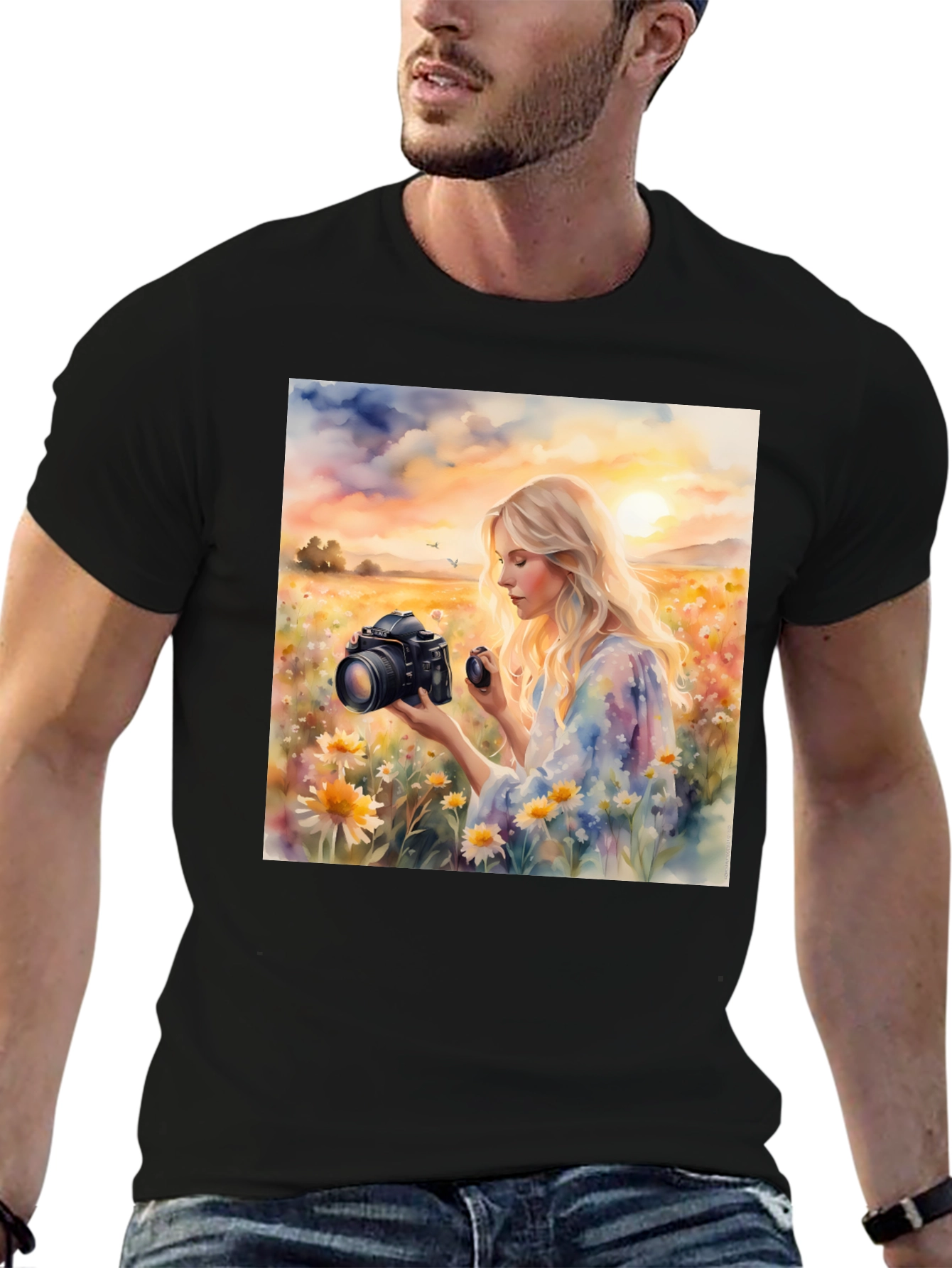 Woman Photographer Art Print Black T-Shirt