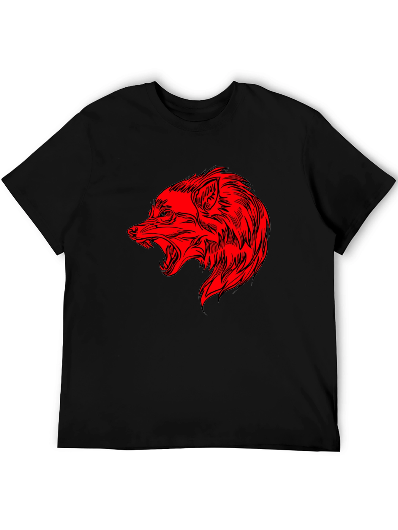 Mens Black T-Shirt with Red Wolf Graphic