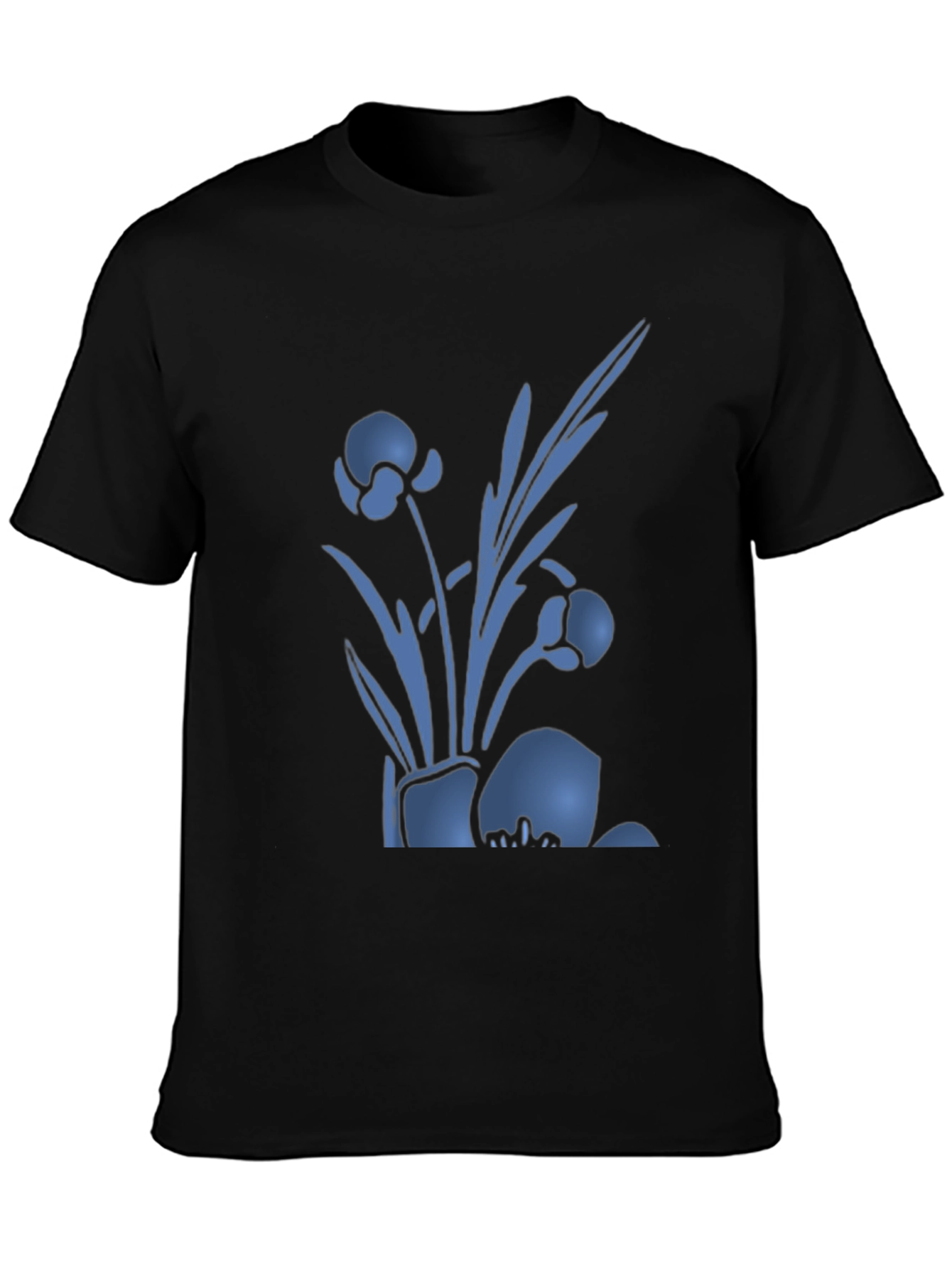 Mens Black T-Shirt with Blue Floral Design