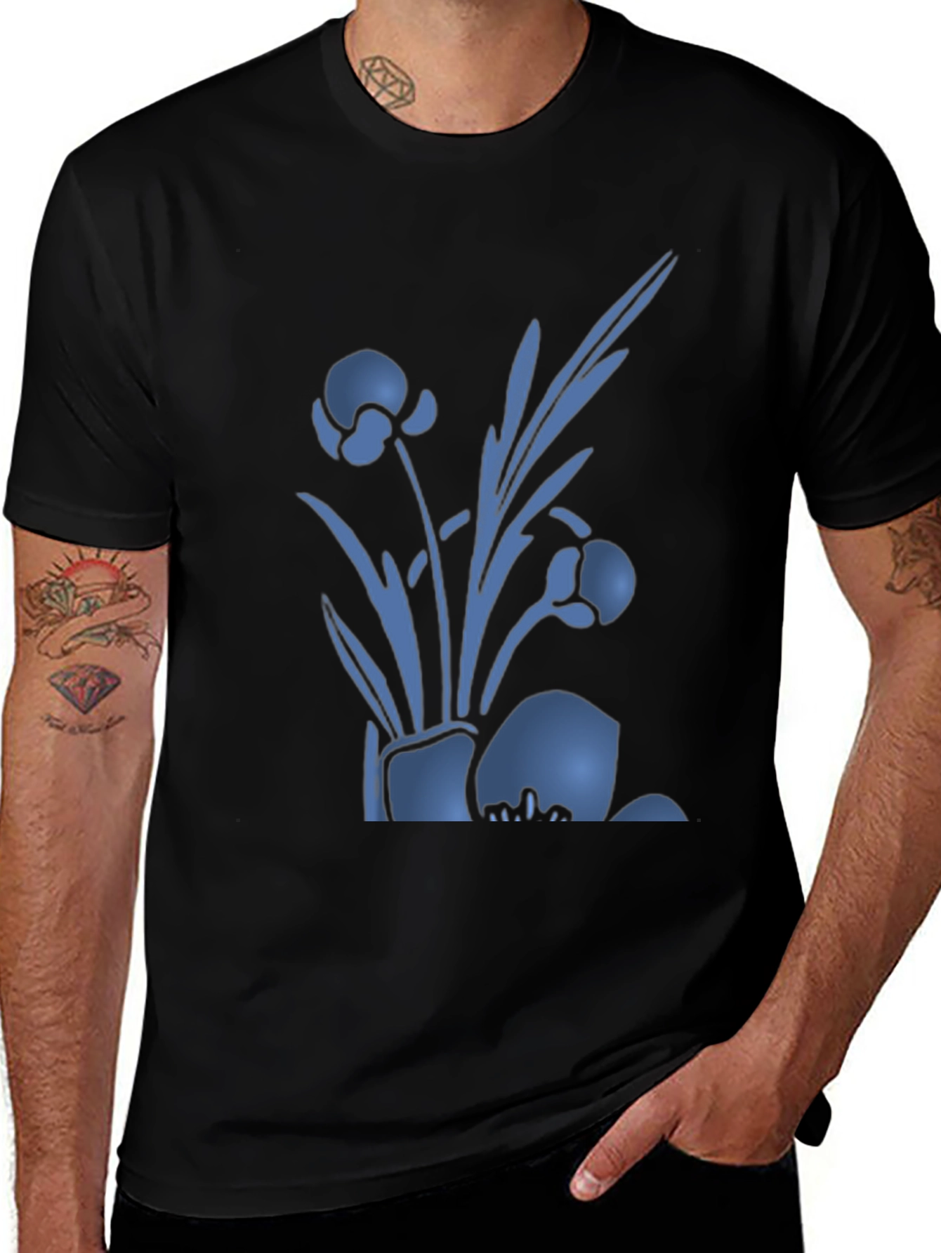 Mens Black T-Shirt with Blue Floral Design