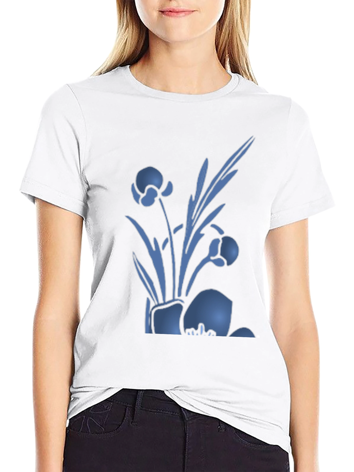 Mens Black T-Shirt with Blue Floral Design