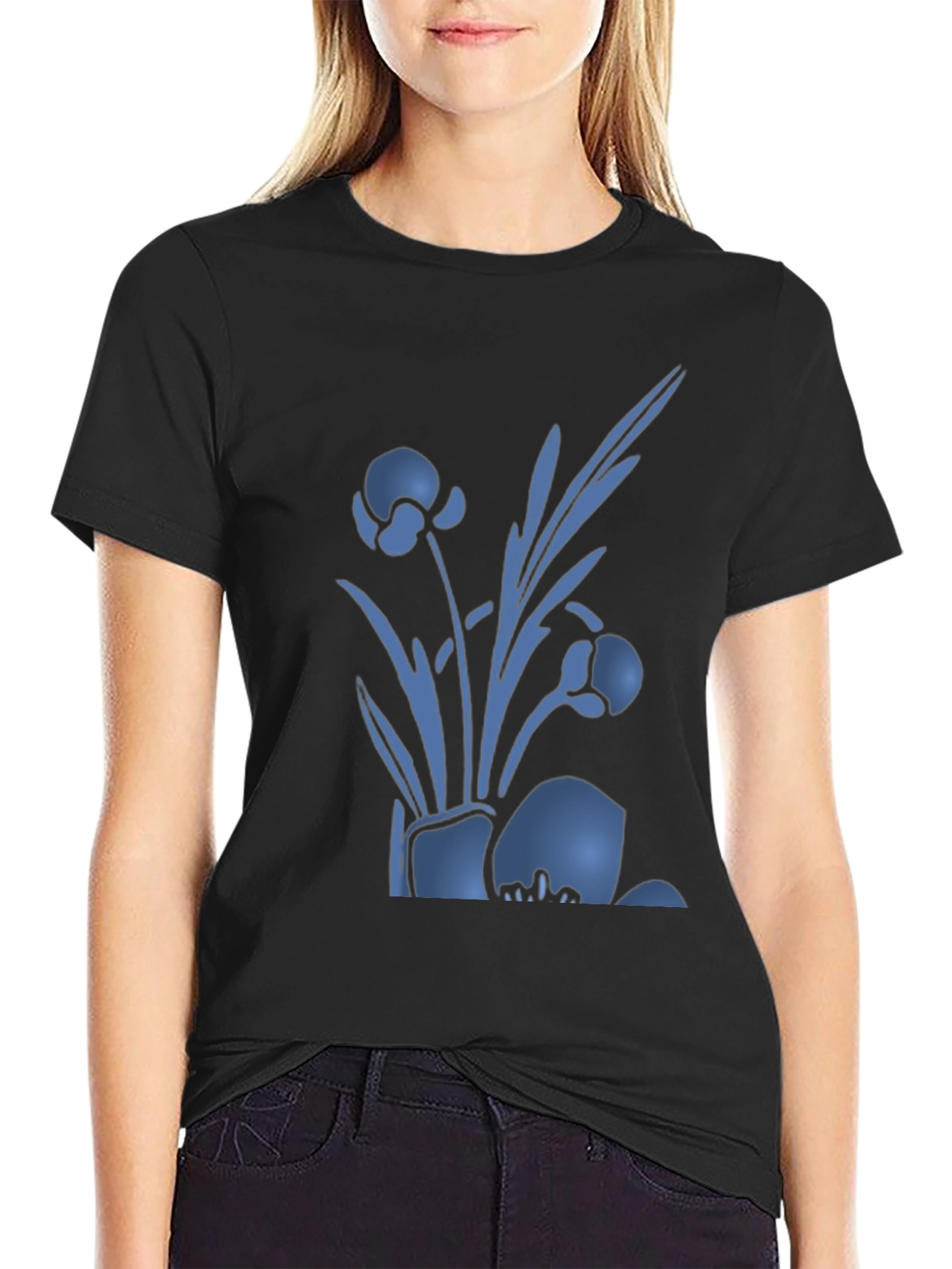 Mens Black T-Shirt with Blue Floral Design