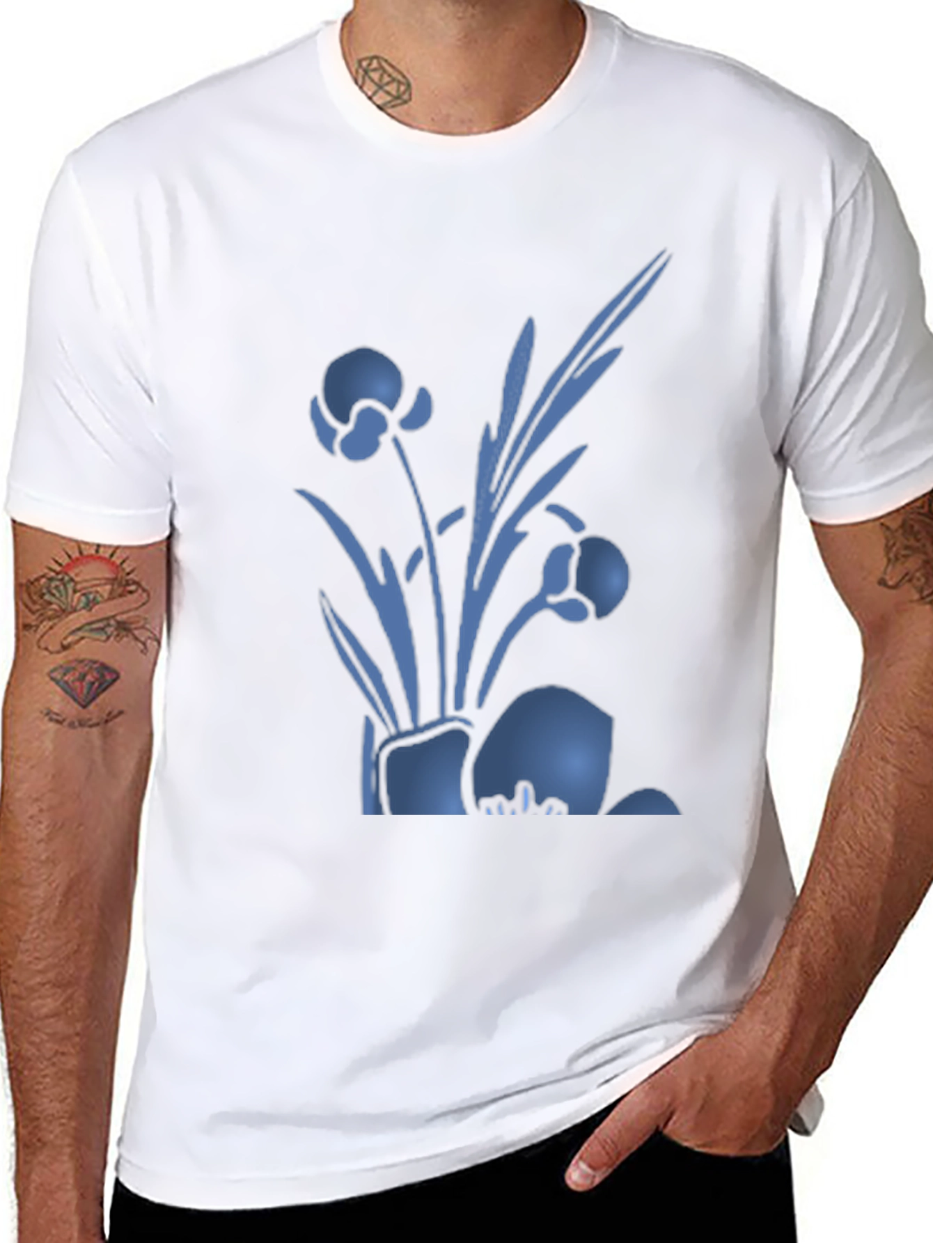 Mens Black T-Shirt with Blue Floral Design