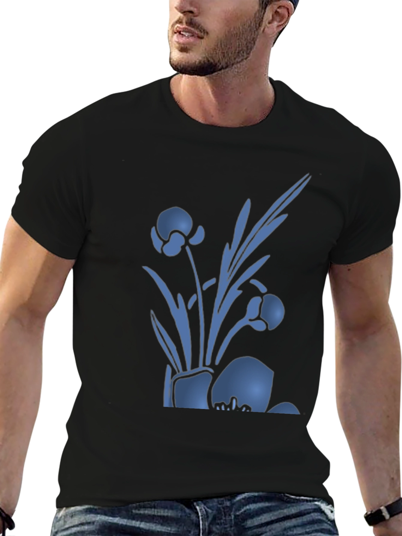 Mens Black T-Shirt with Blue Floral Design