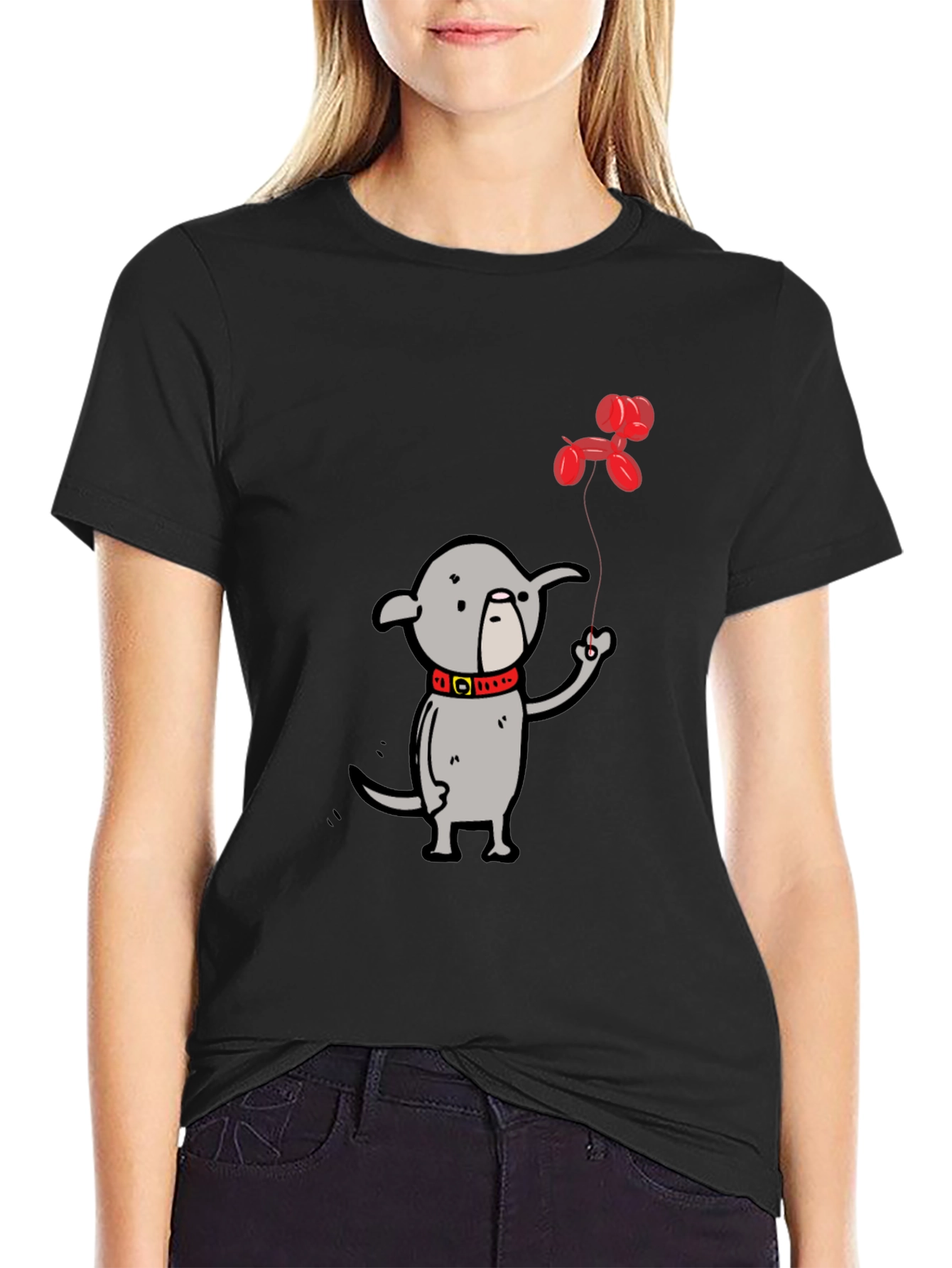 Dog with Balloon Graphic Tee - Black Casual T-Shirt