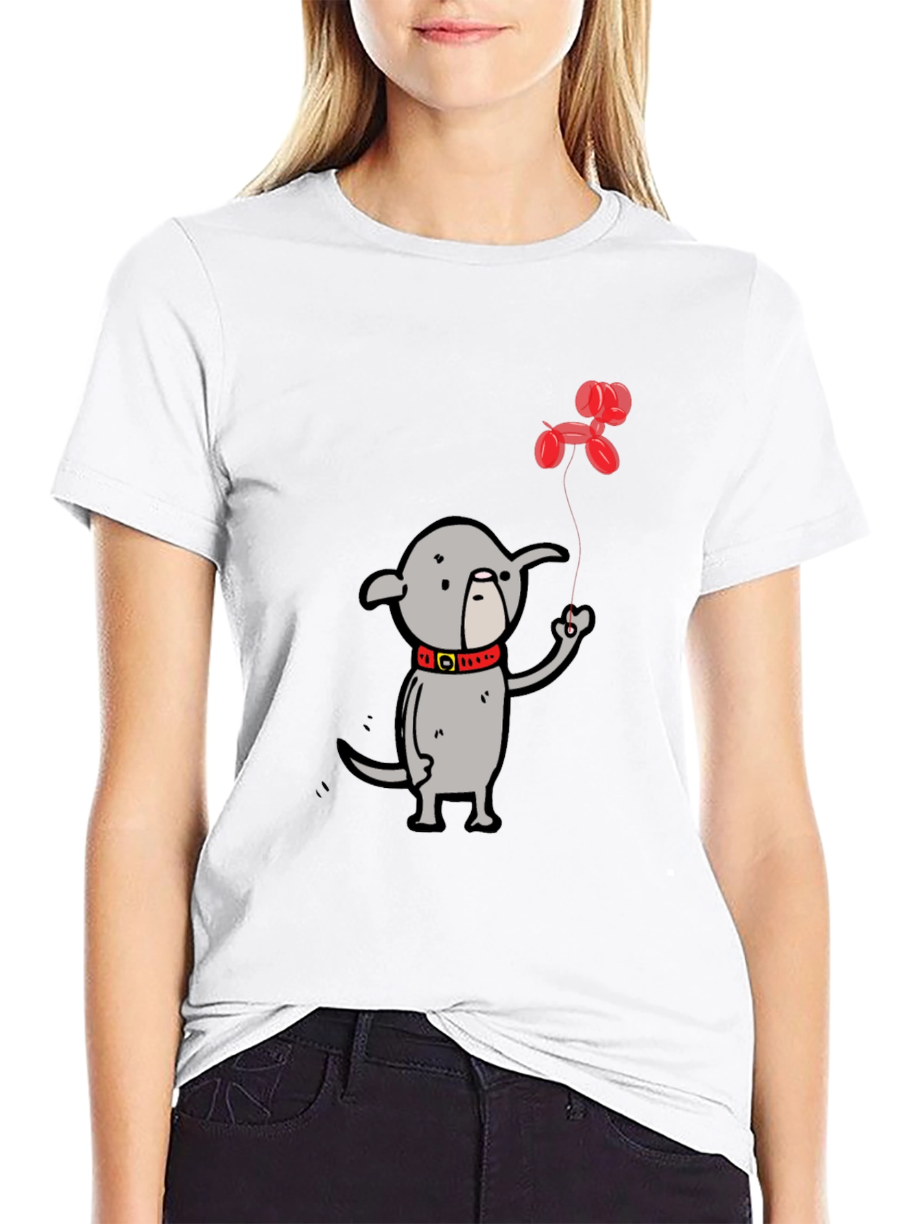Dog with Balloon Graphic Tee - Black Casual T-Shirt