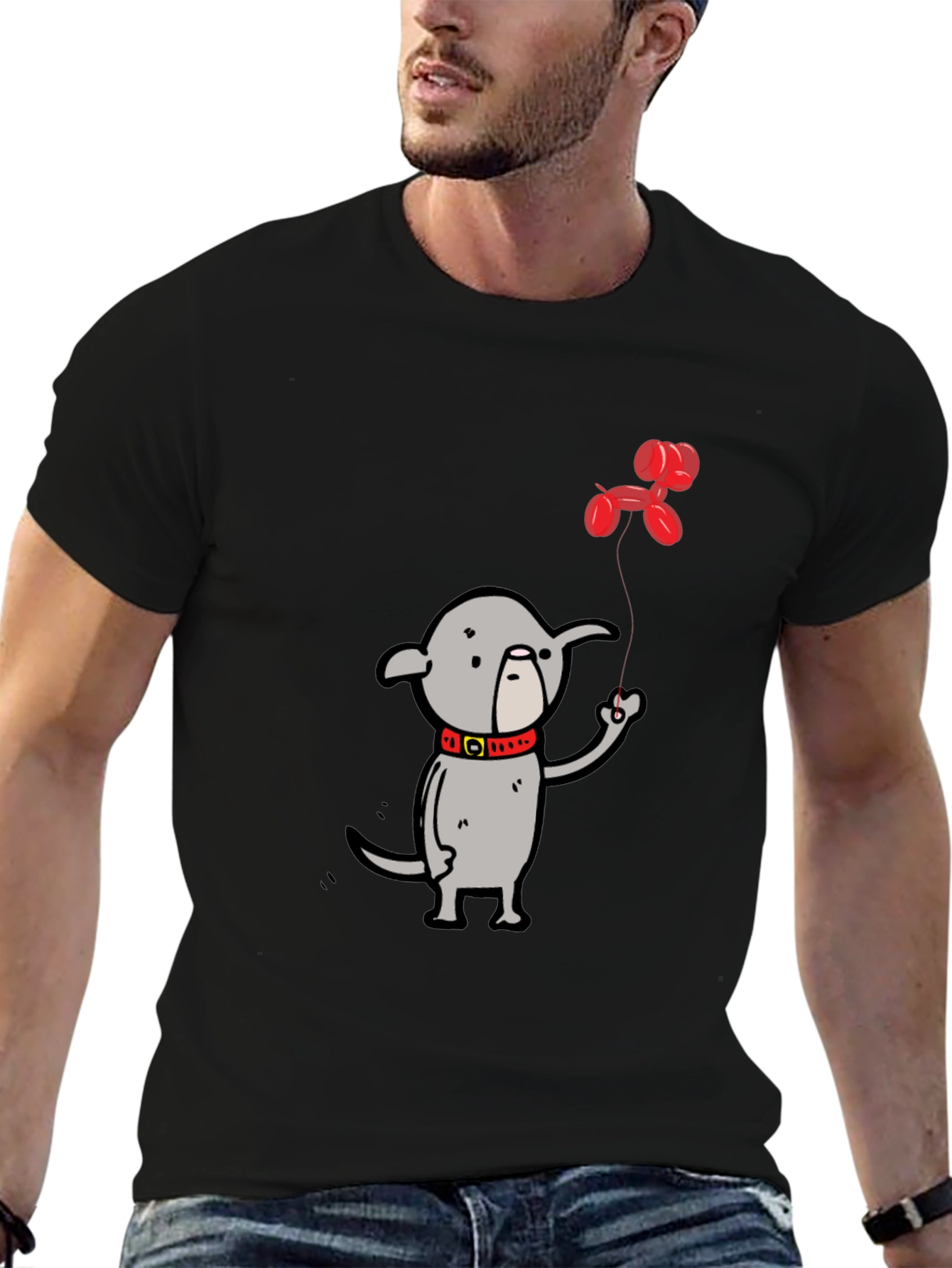 Dog with Balloon Graphic Tee - Black Casual T-Shirt