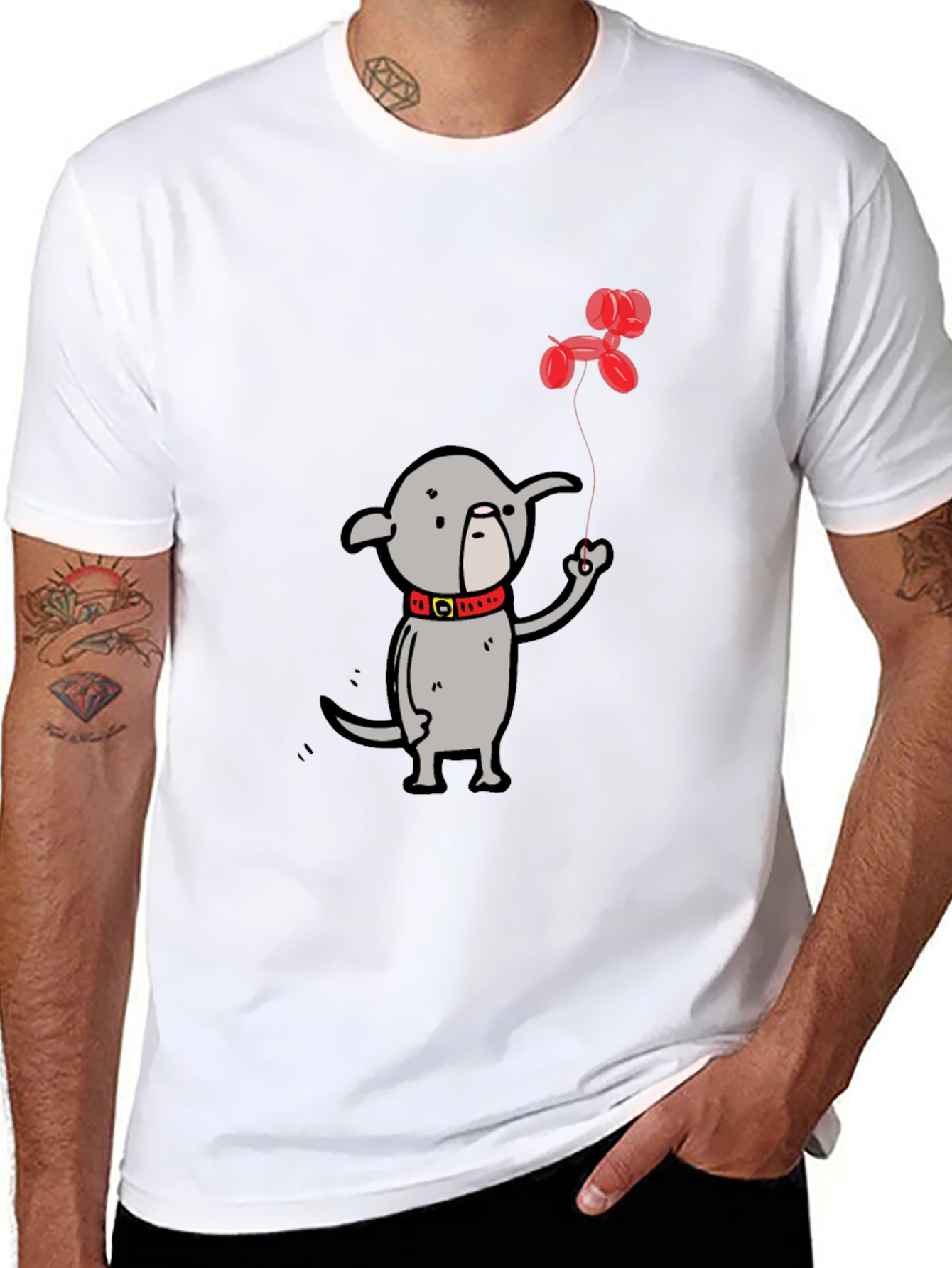 Dog with Balloon Graphic Tee - Black Casual T-Shirt