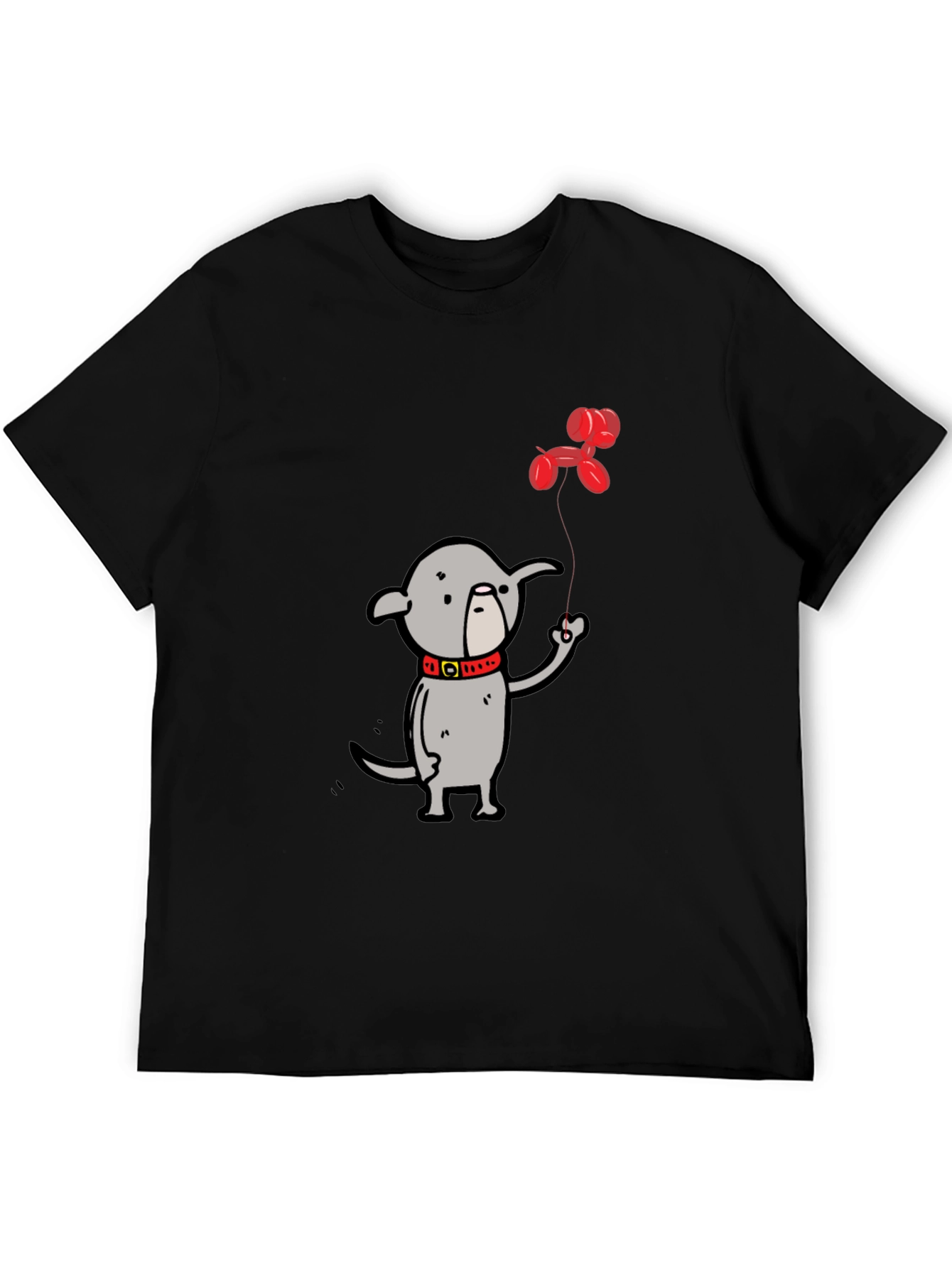 Dog with Balloon Graphic Tee - Black Casual T-Shirt