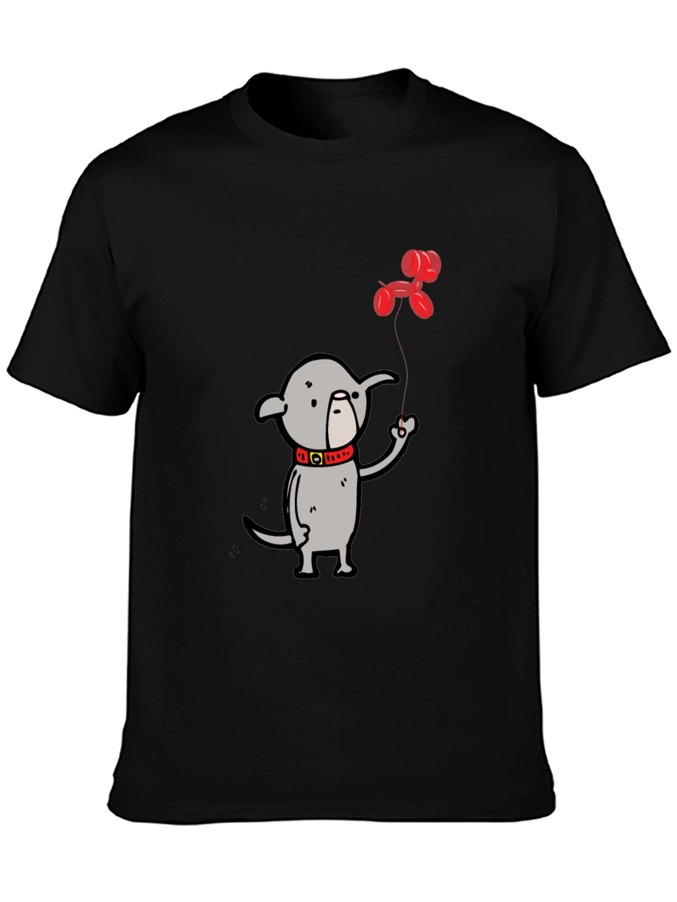 Dog with Balloon Graphic Tee - Black Casual T-Shirt