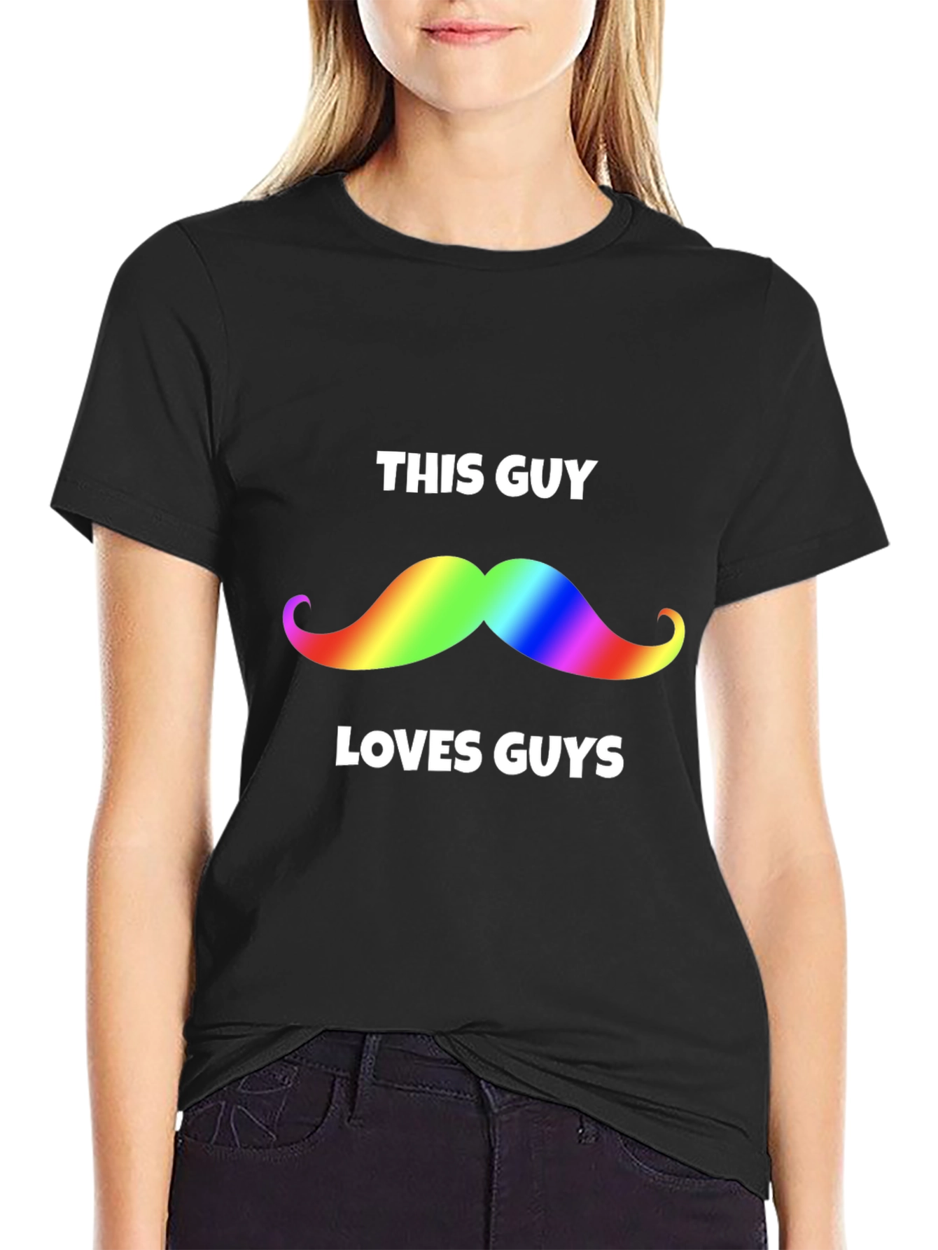 Rainbow Mustache This Guy Loves Guys Black T-Shirt