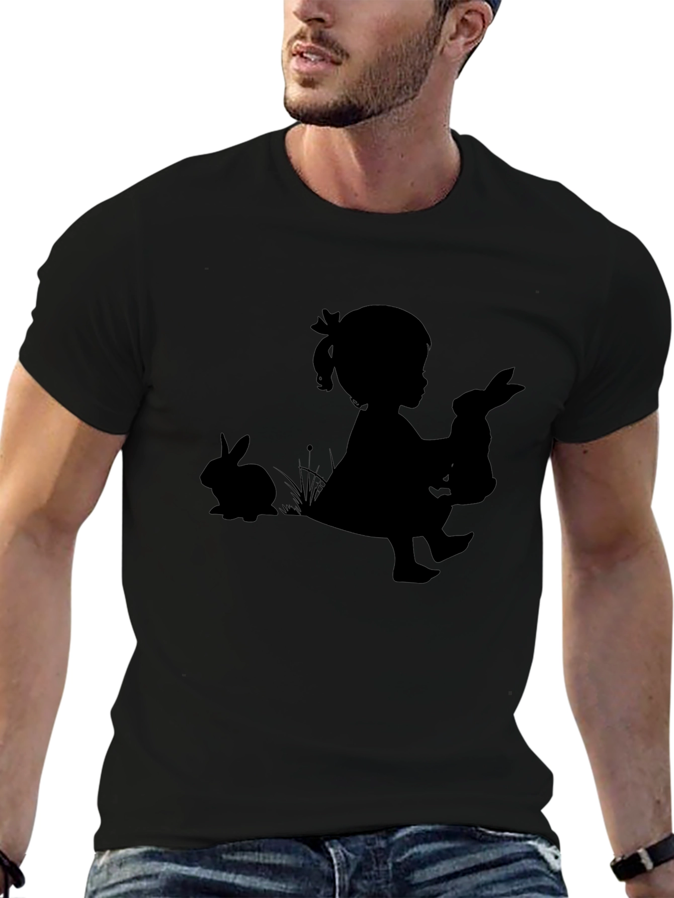 Girl with Bunnies Black T-Shirt