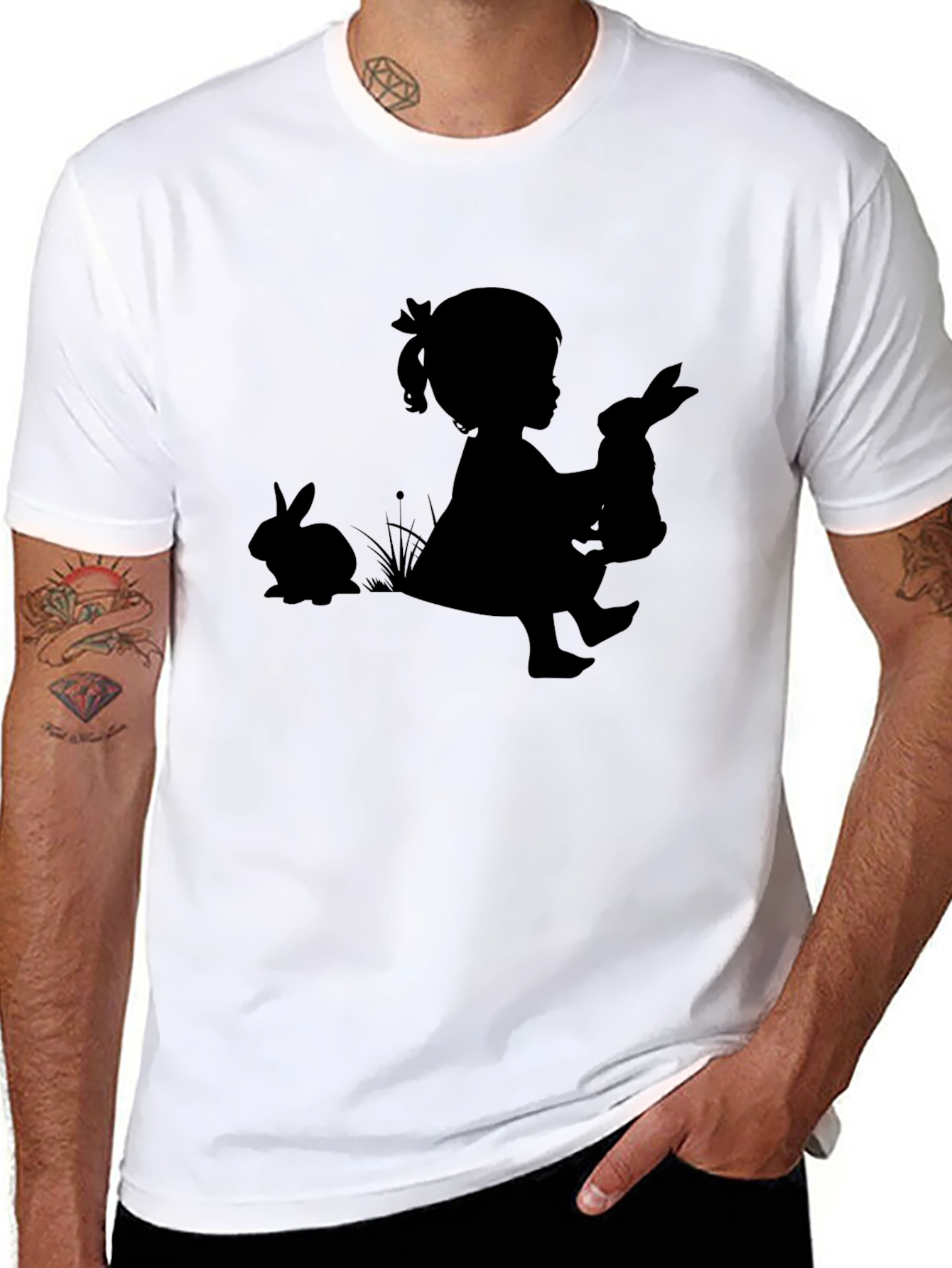 Girl with Bunnies Black T-Shirt