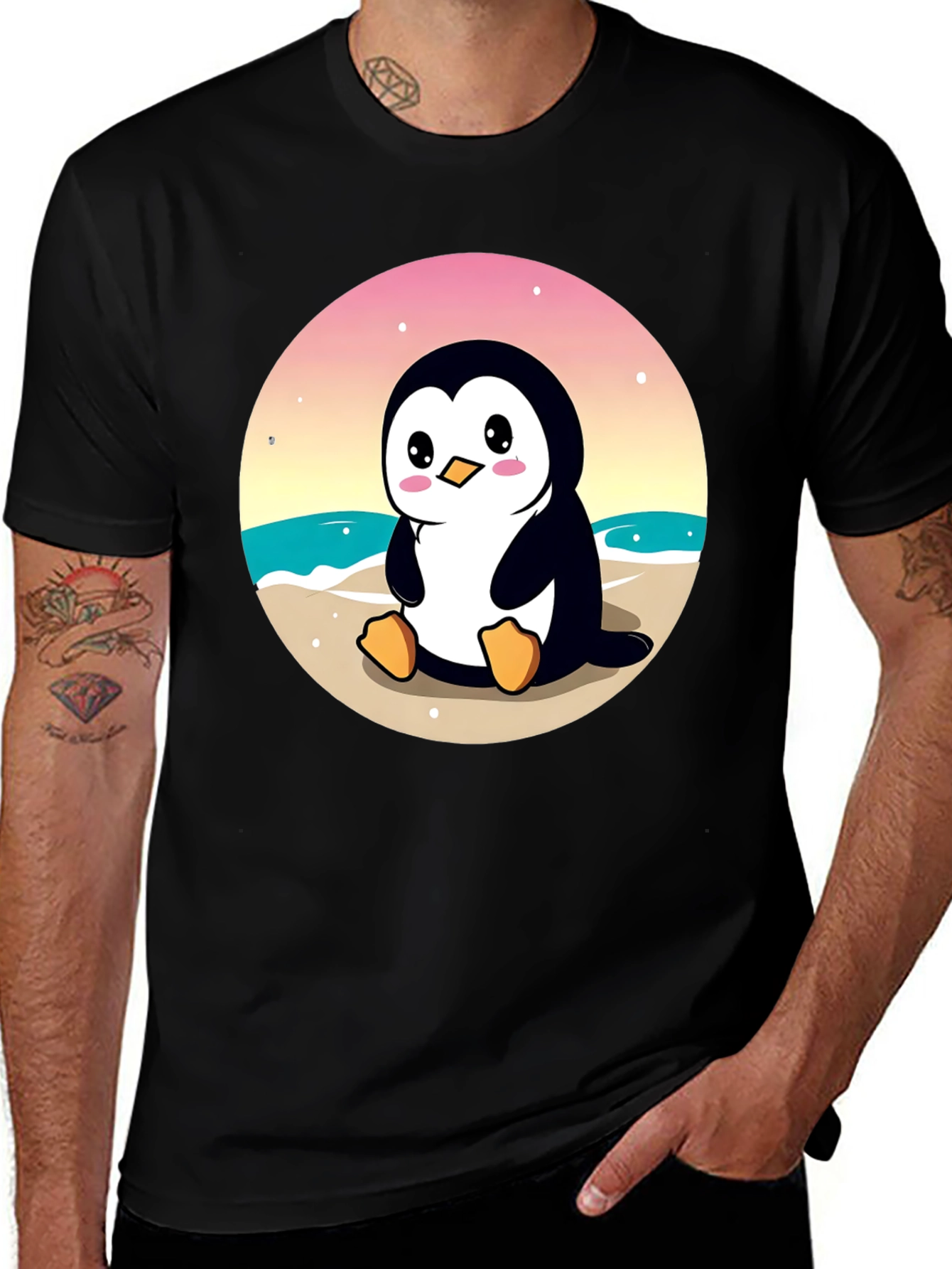 Cute Penguin on Beach Graphic T-Shirt