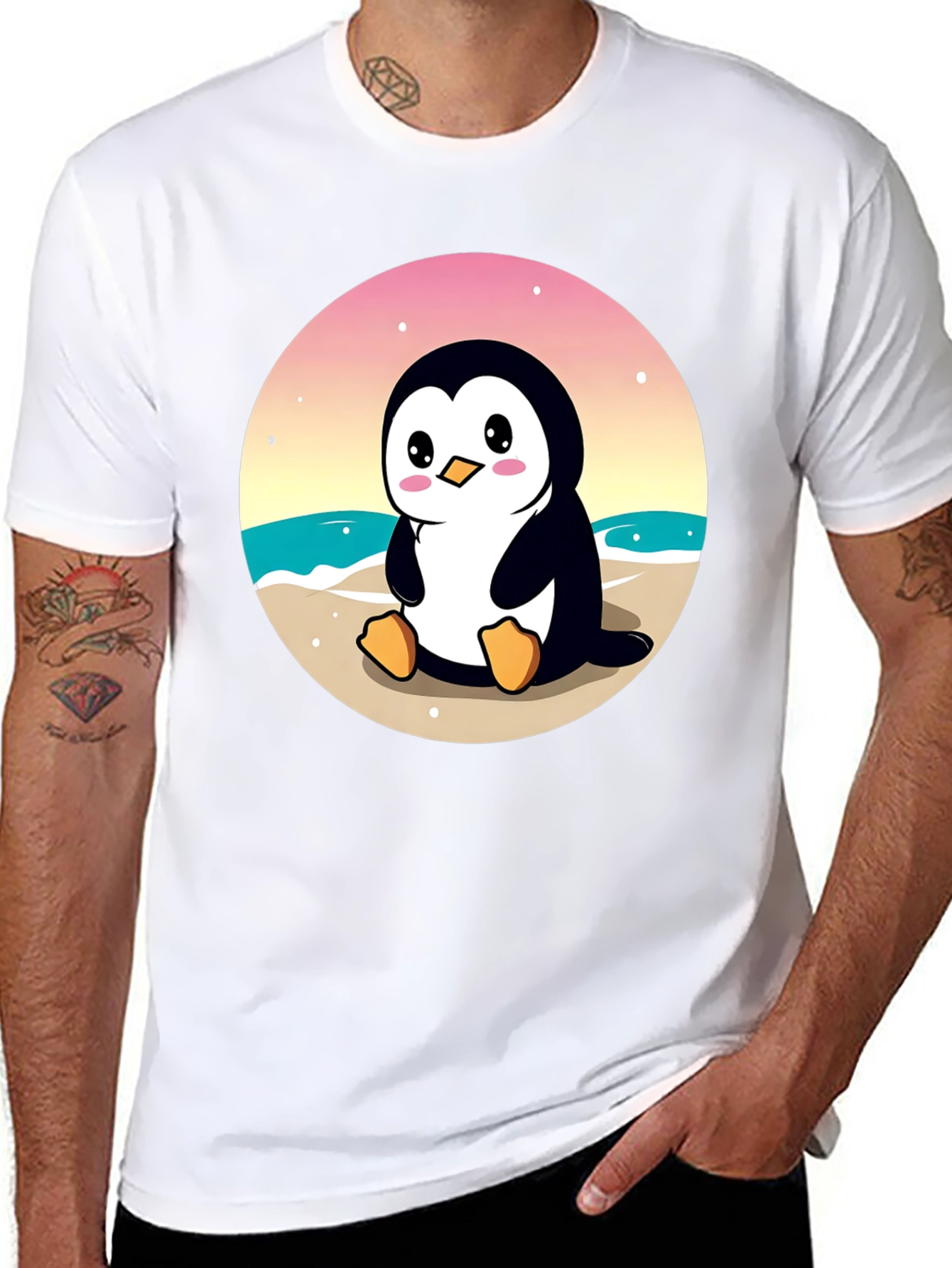 Cute Penguin on Beach Graphic T-Shirt