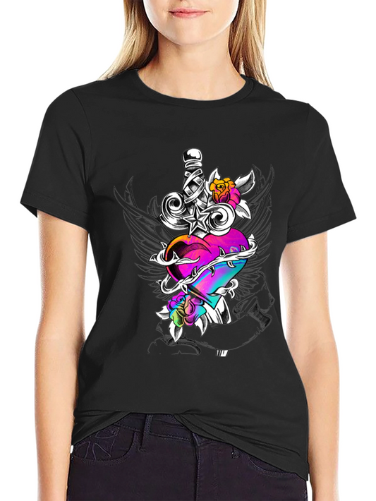 Heart & Sword Graphic Print Tee - Trendy Black T-Shirt