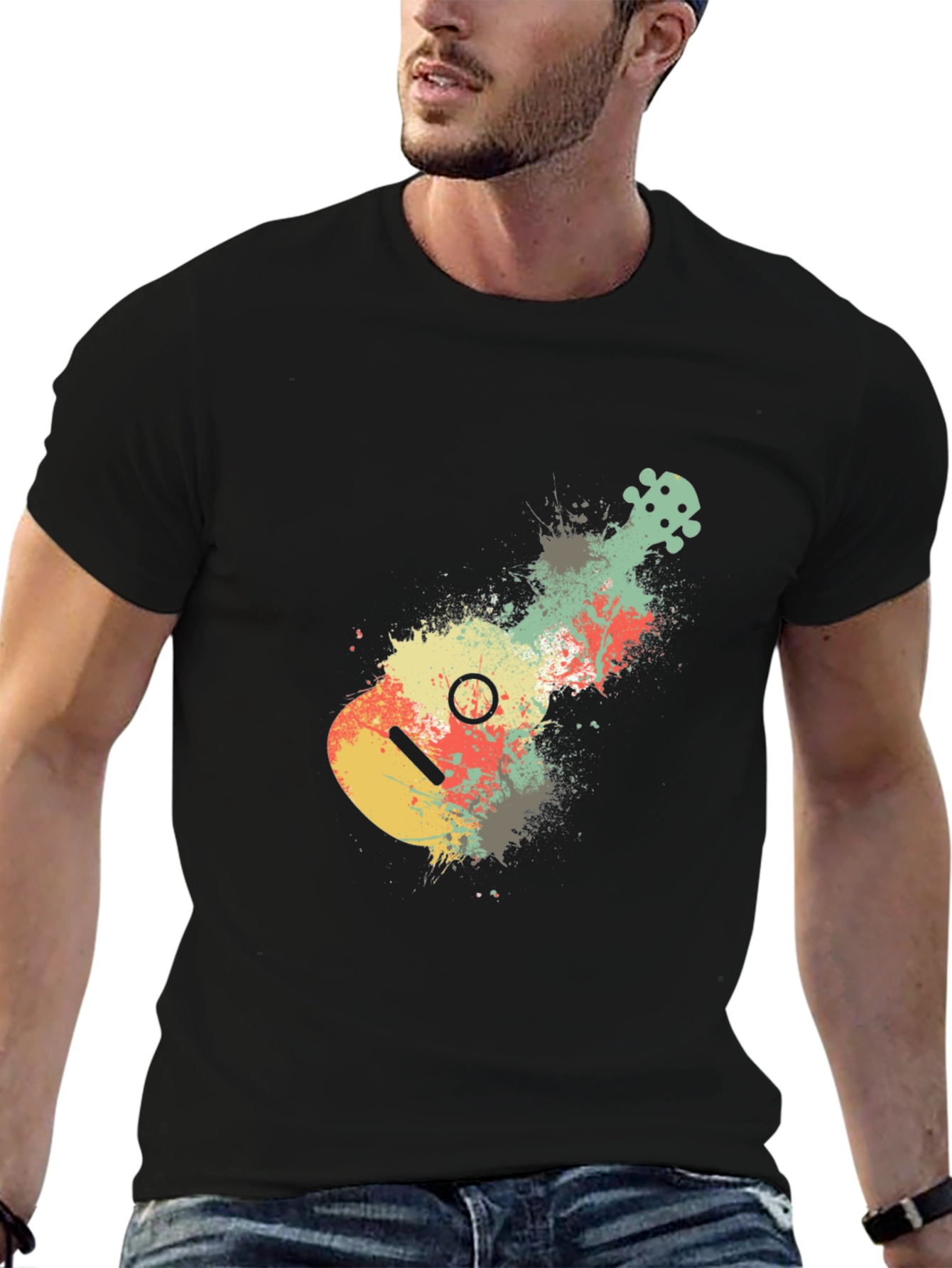 Ukulele Splash Graphic Tee - Black Cotton Casual