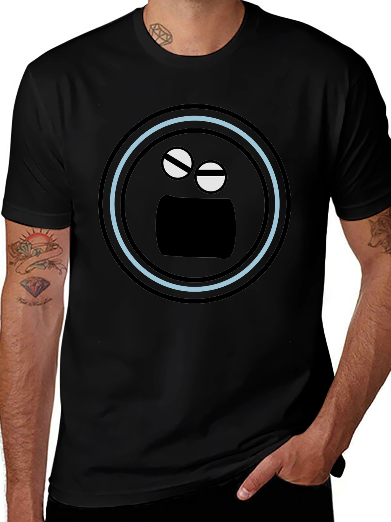 Black T-Shirt with Funny Round Face Graphic