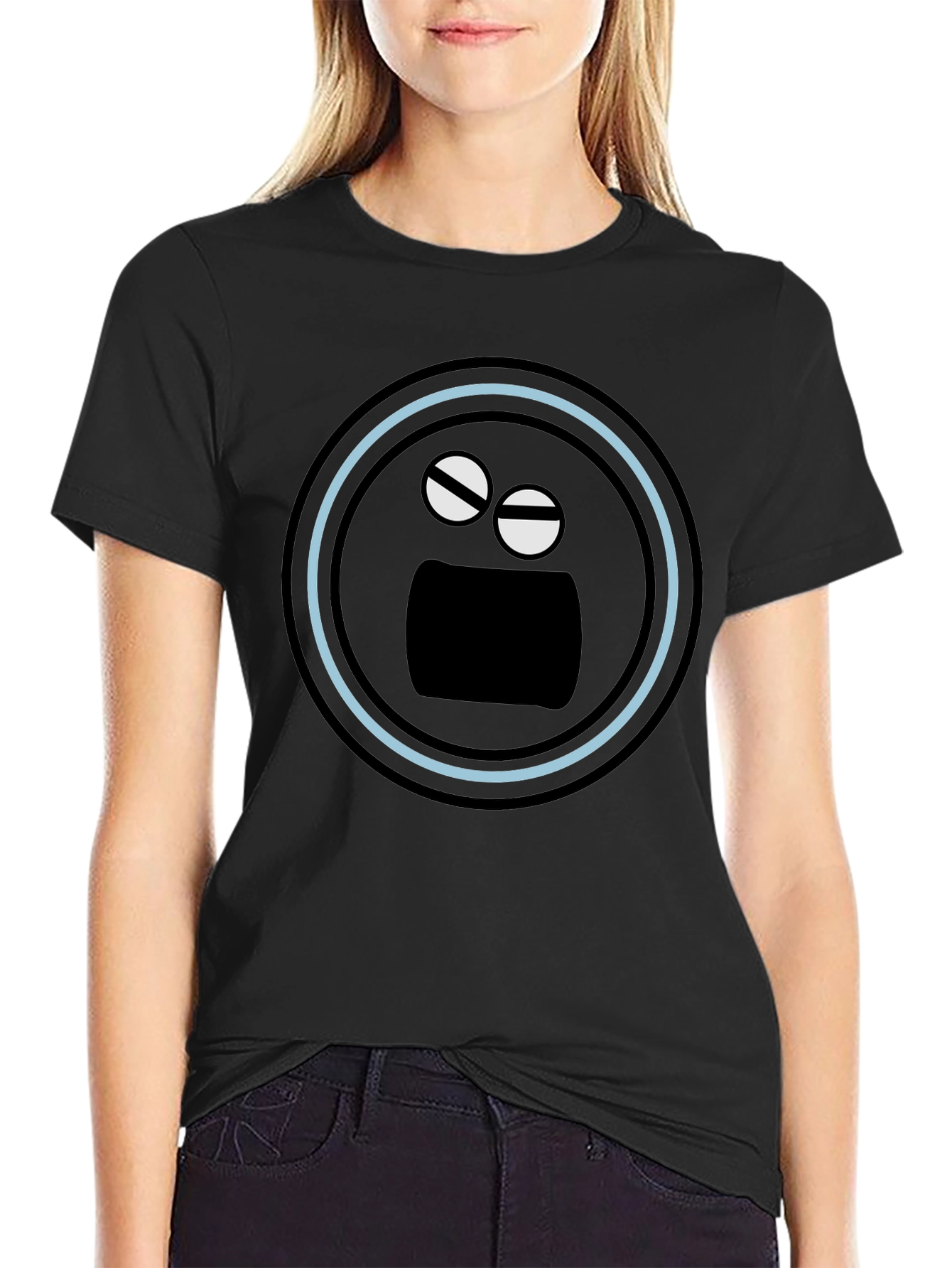 Black T-Shirt with Funny Round Face Graphic
