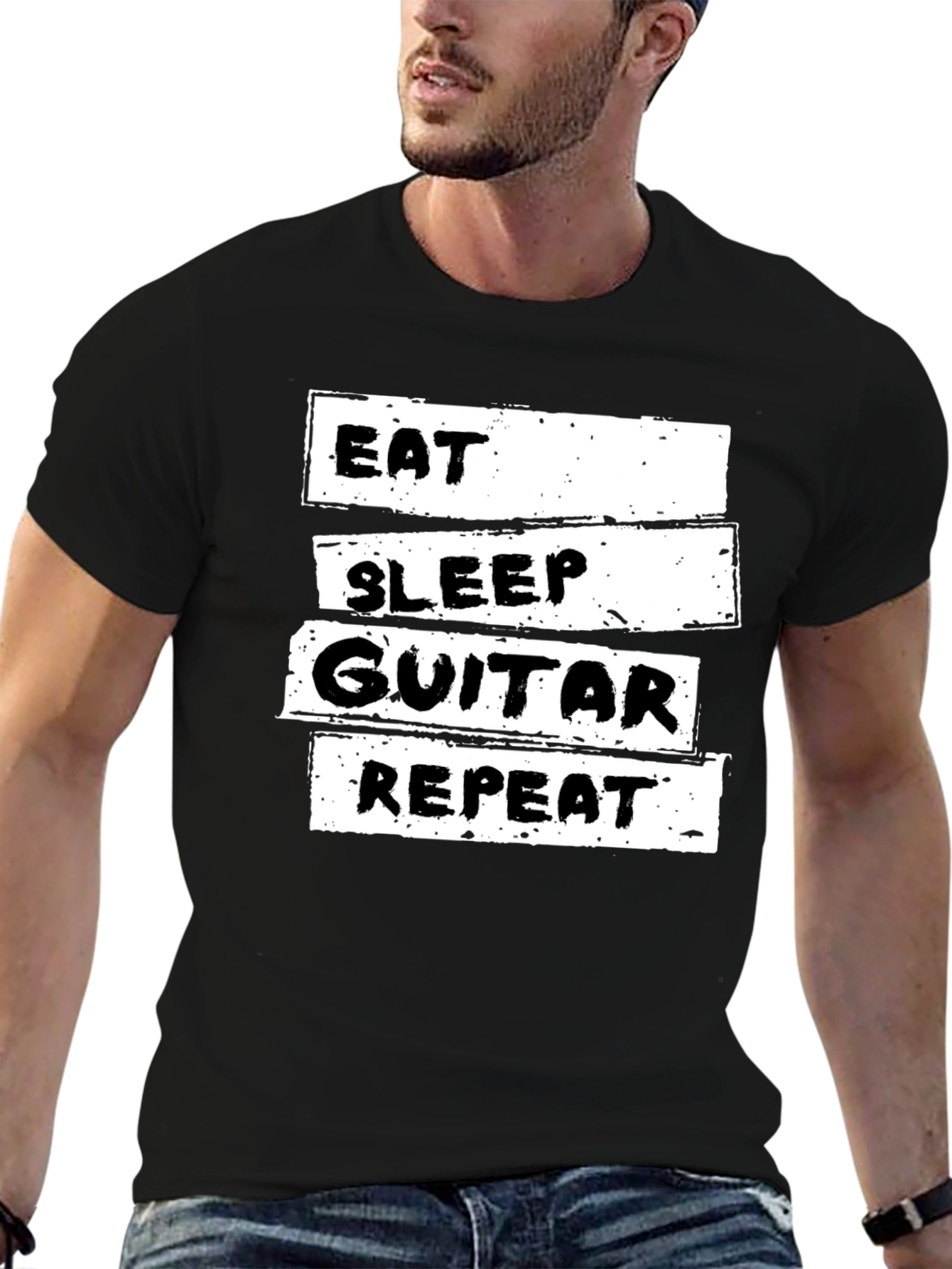 Eat Sleep Guitar Repeat Black Graphic T-Shirt