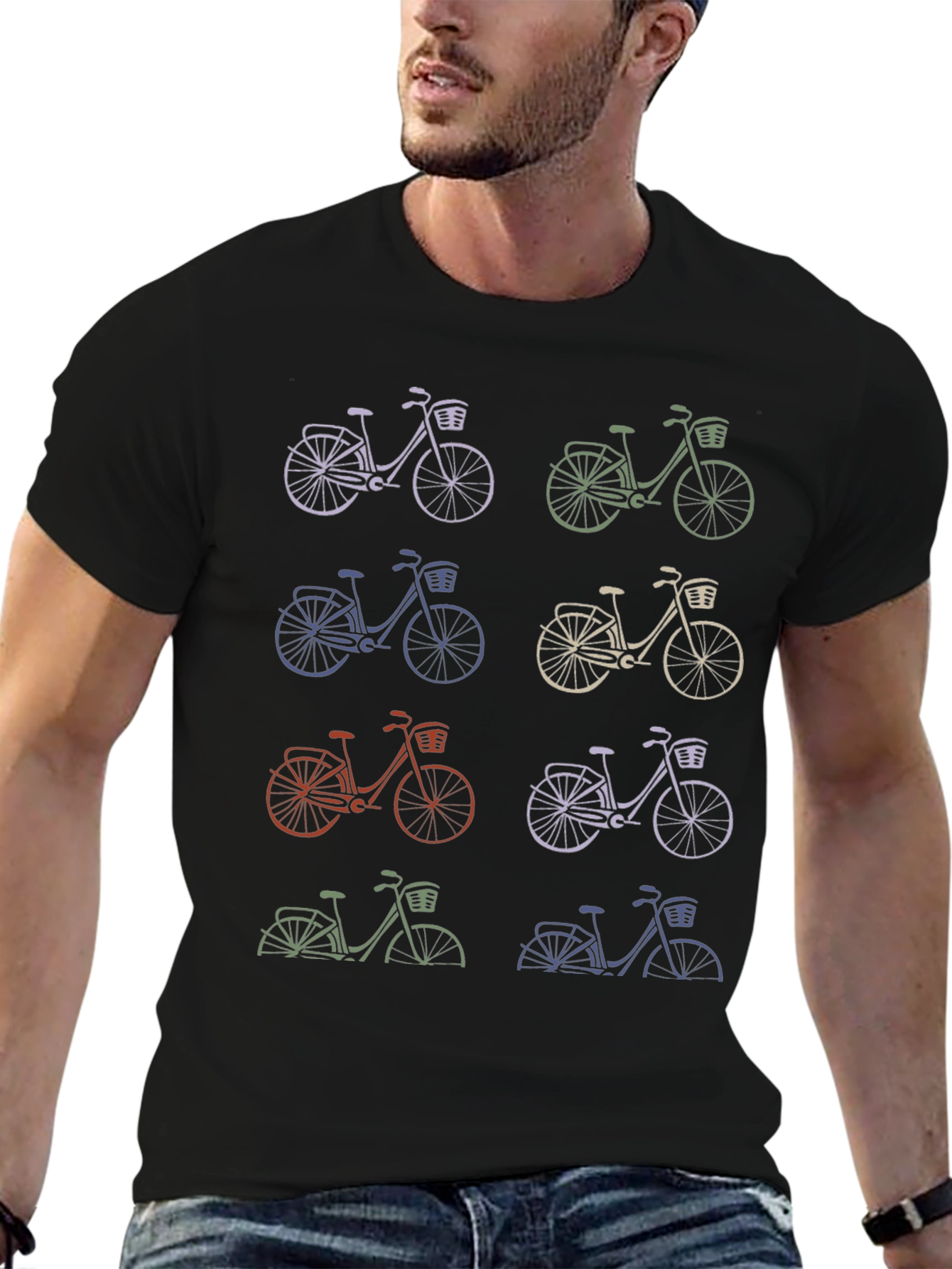 Retro Bicycle Print Black T-Shirt