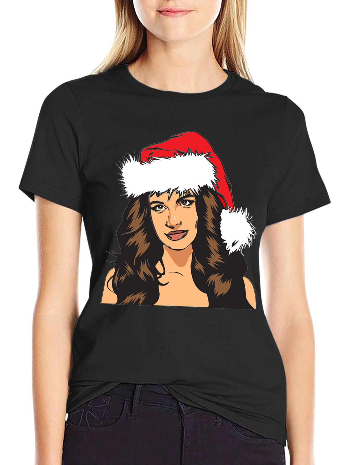 Festive Woman T-Shirt - Holiday Santa Hat Tee