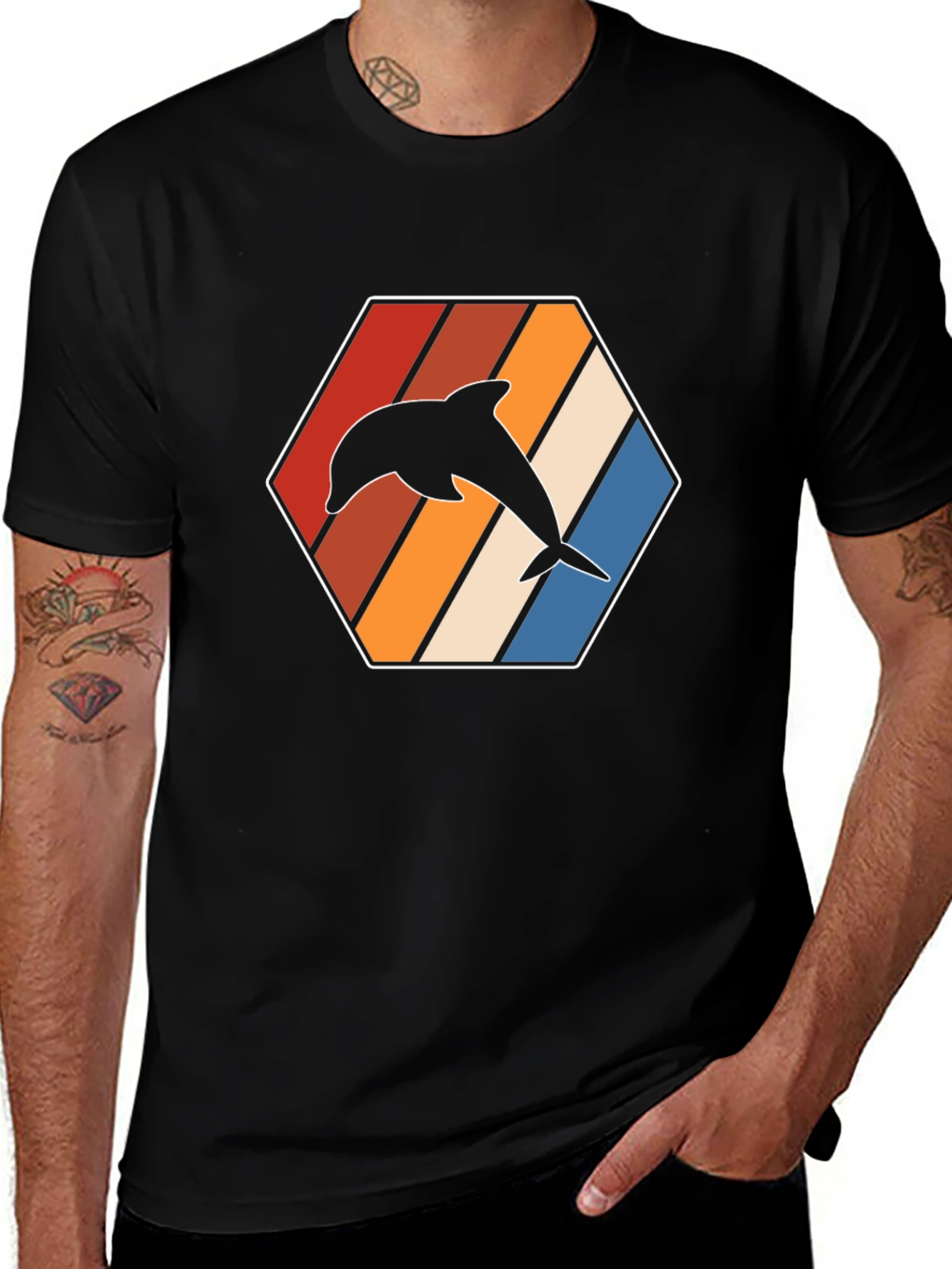 Retro Dolphin Graphic Tee - Black Cotton T-Shirt