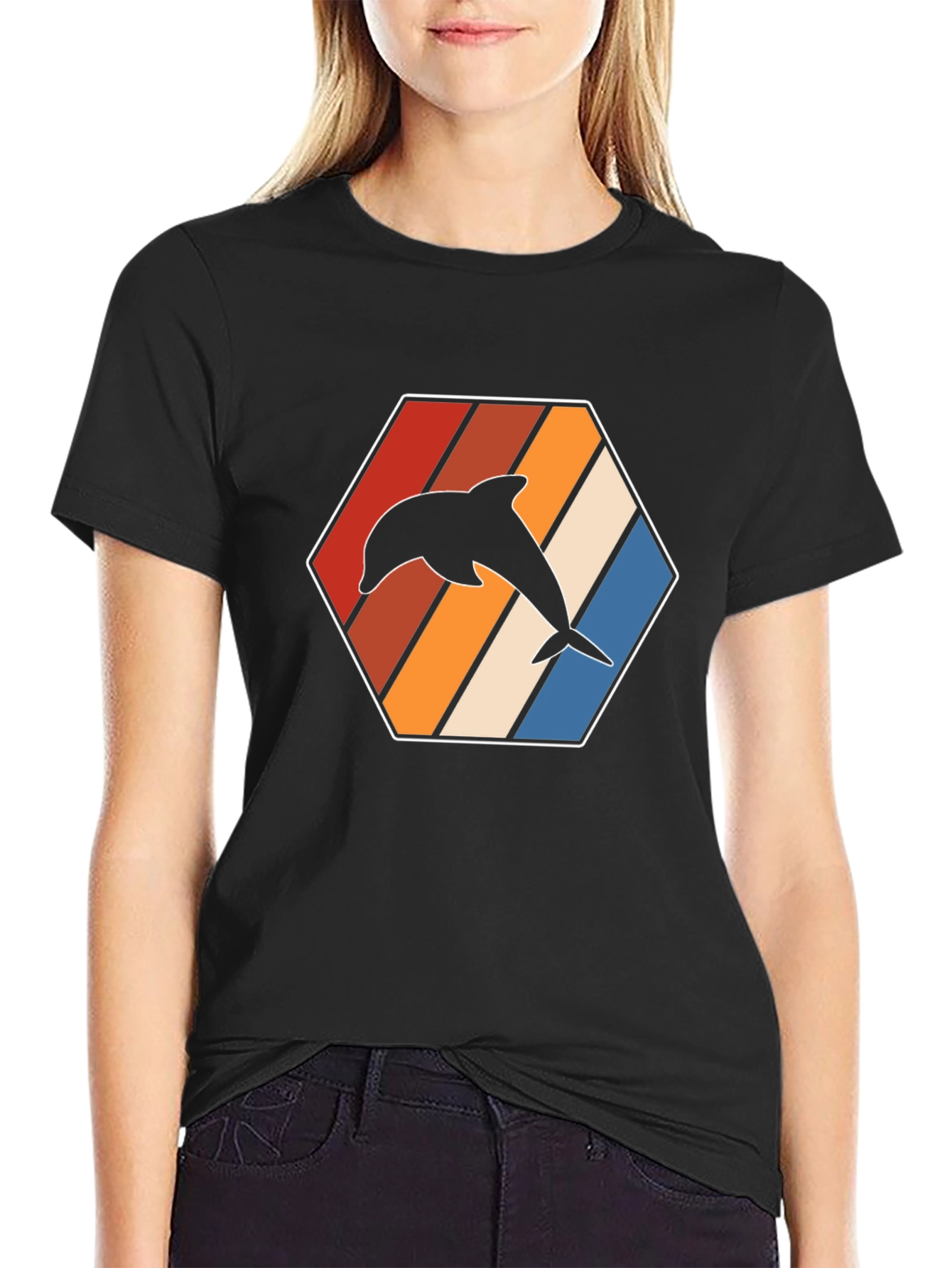 Retro Dolphin Graphic Tee - Black Cotton T-Shirt