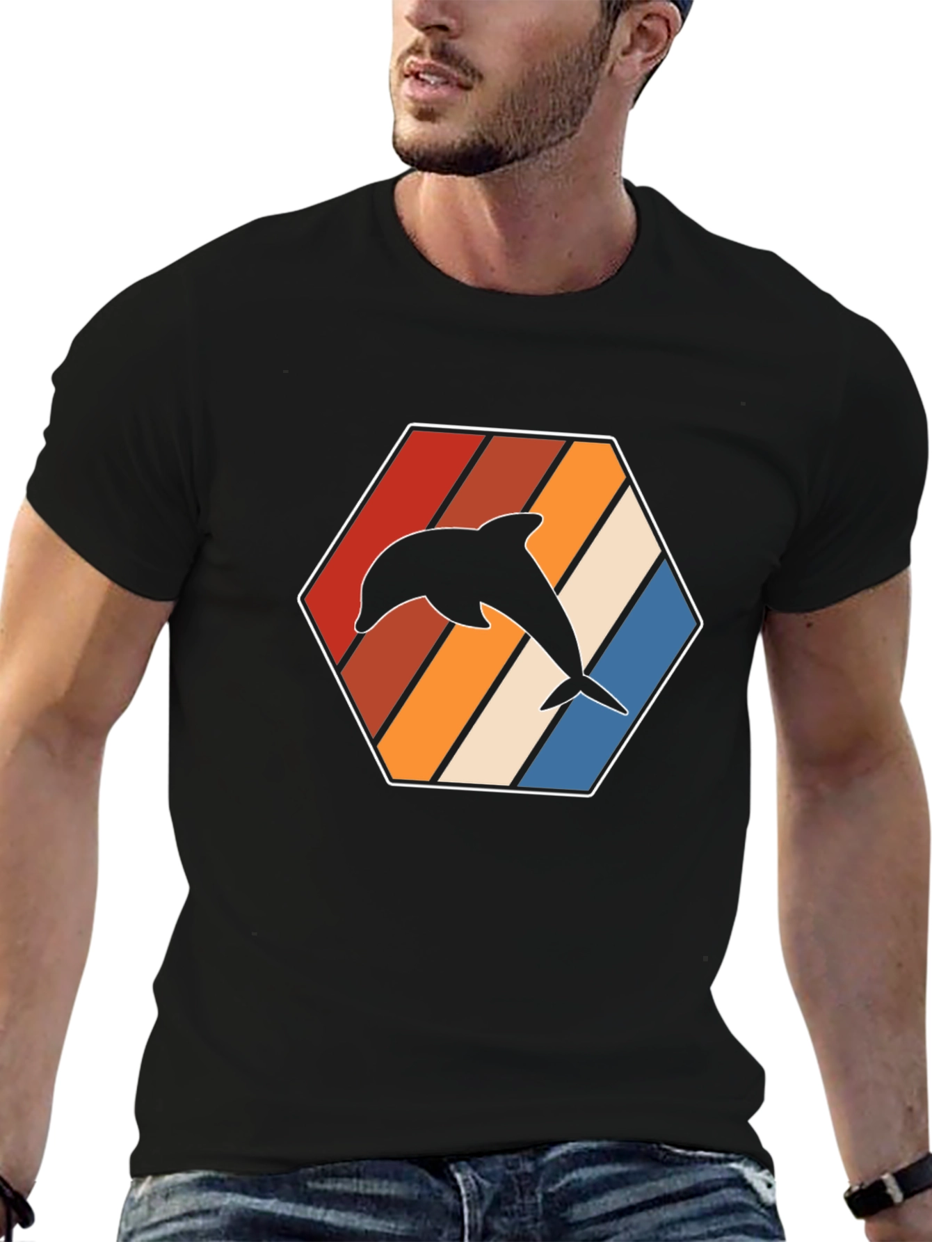 Retro Dolphin Graphic Tee - Black Cotton T-Shirt