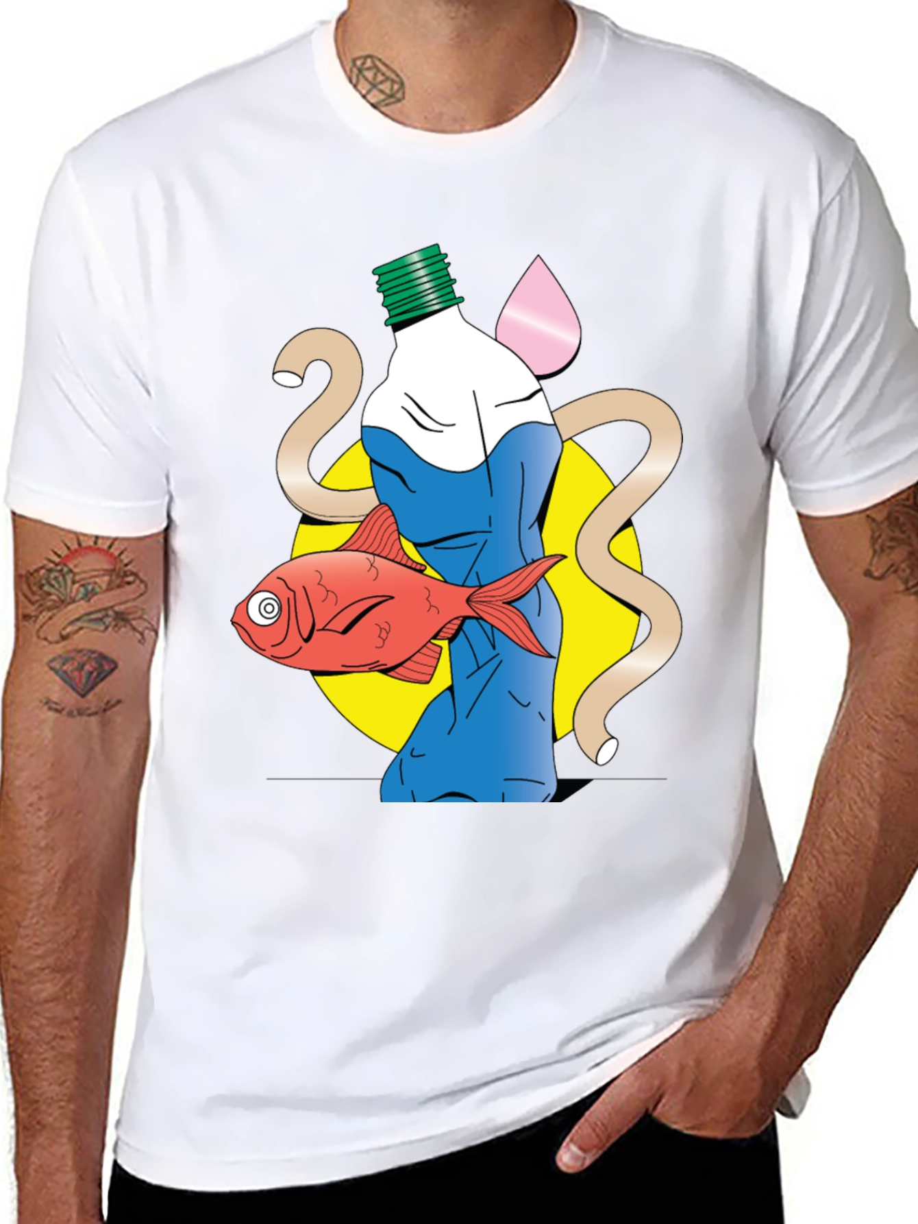 Unique Graphic T-Shirt - Bottle Fish and Abstract Design