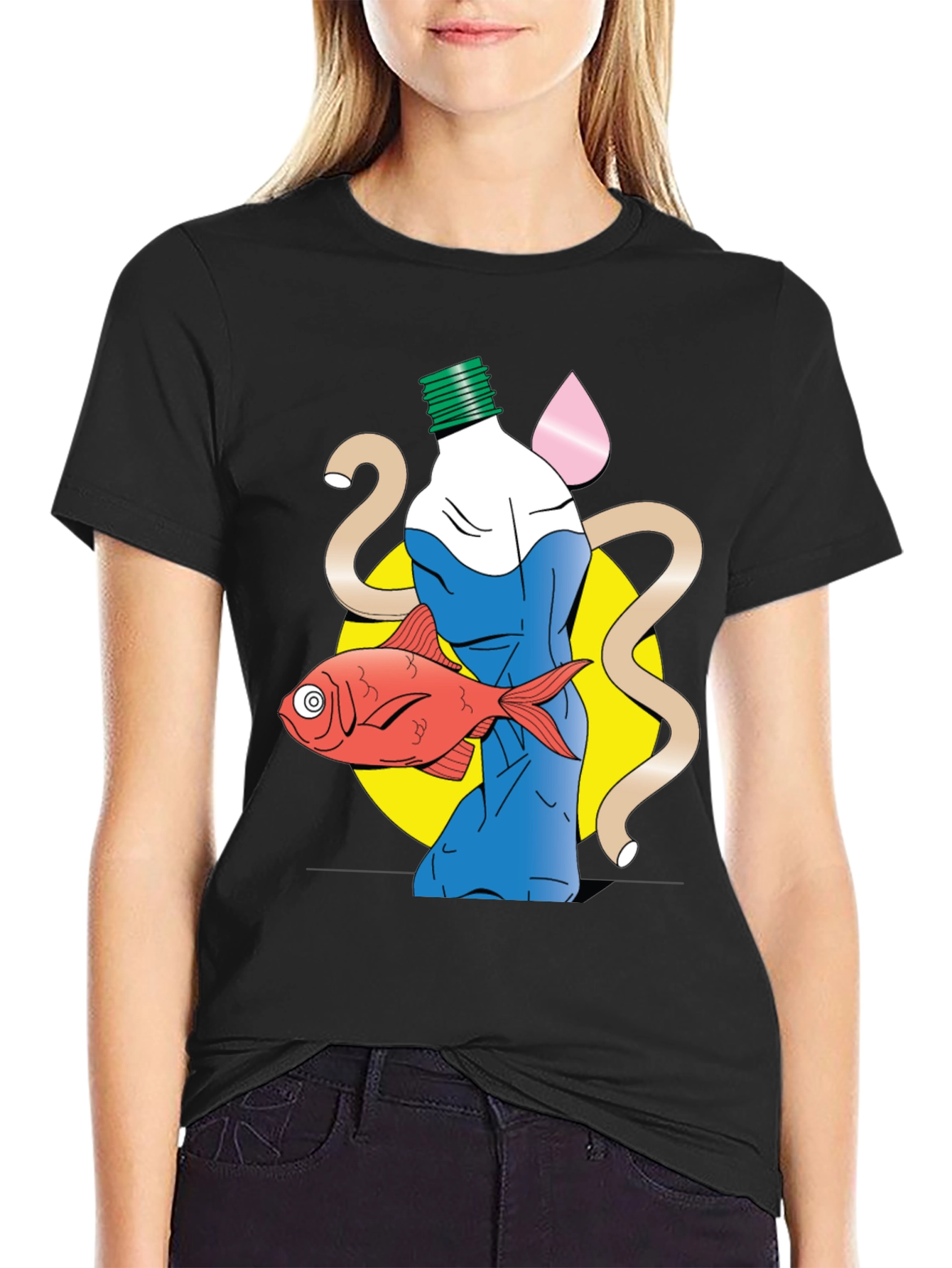 Unique Graphic T-Shirt - Bottle Fish and Abstract Design