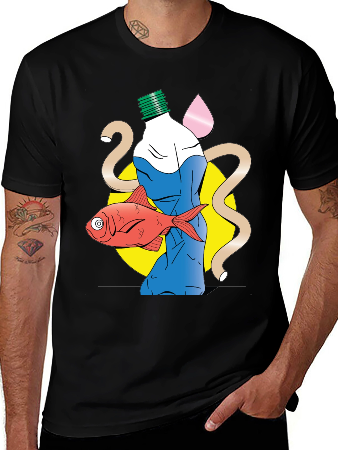 Unique Graphic T-Shirt - Bottle Fish and Abstract Design