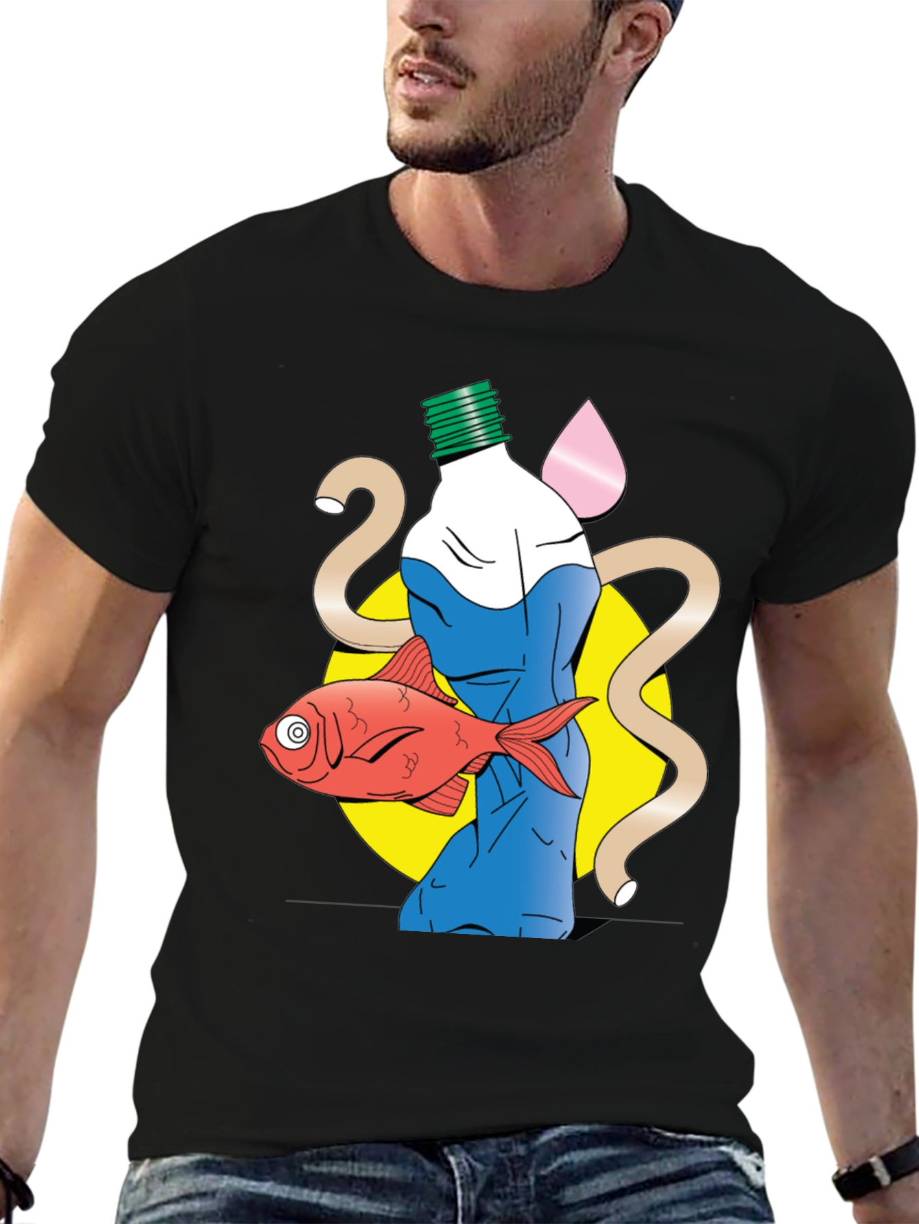 Unique Graphic T-Shirt - Bottle Fish and Abstract Design