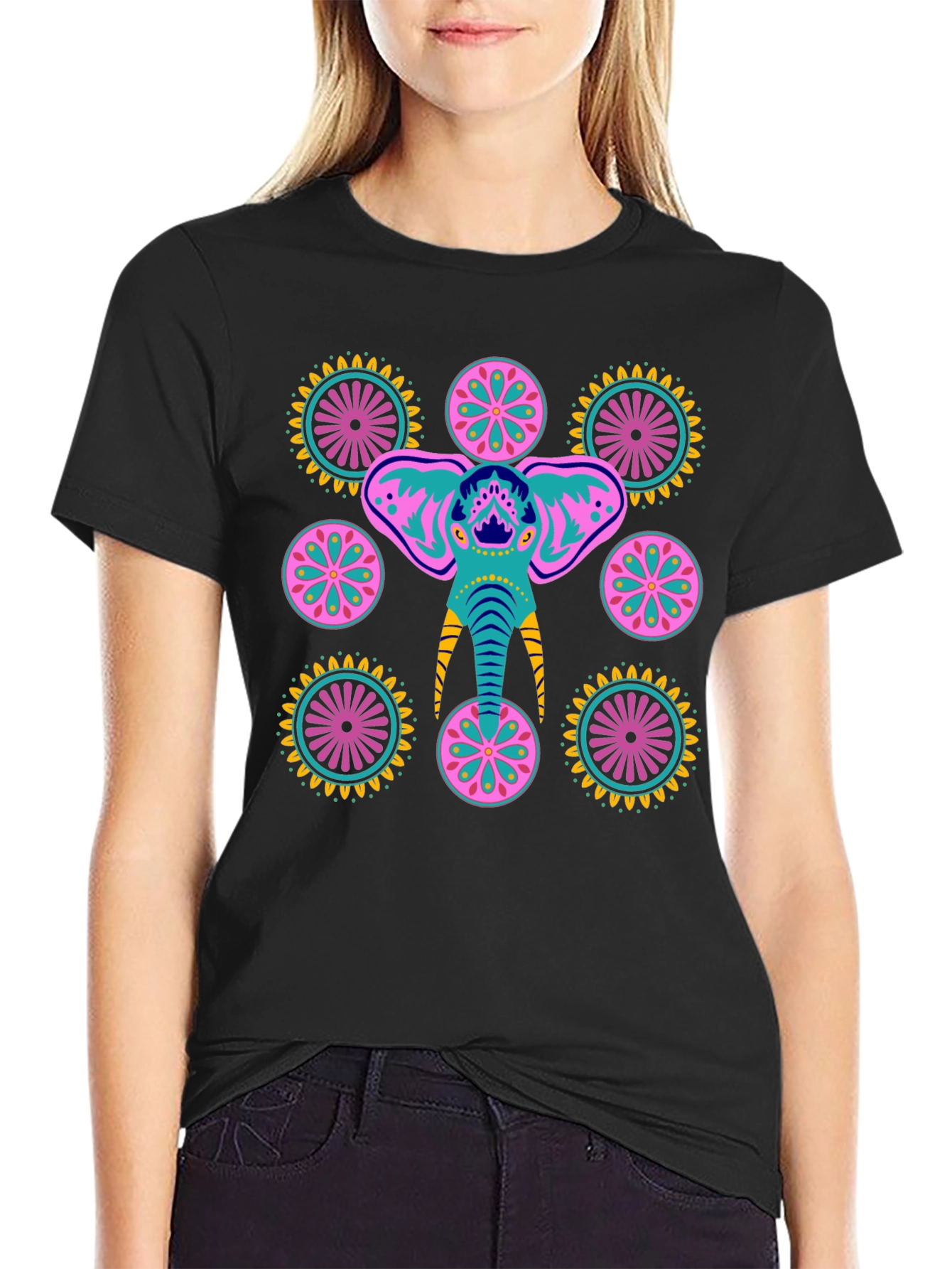 Black Elephant Mandala Graphic T-Shirt