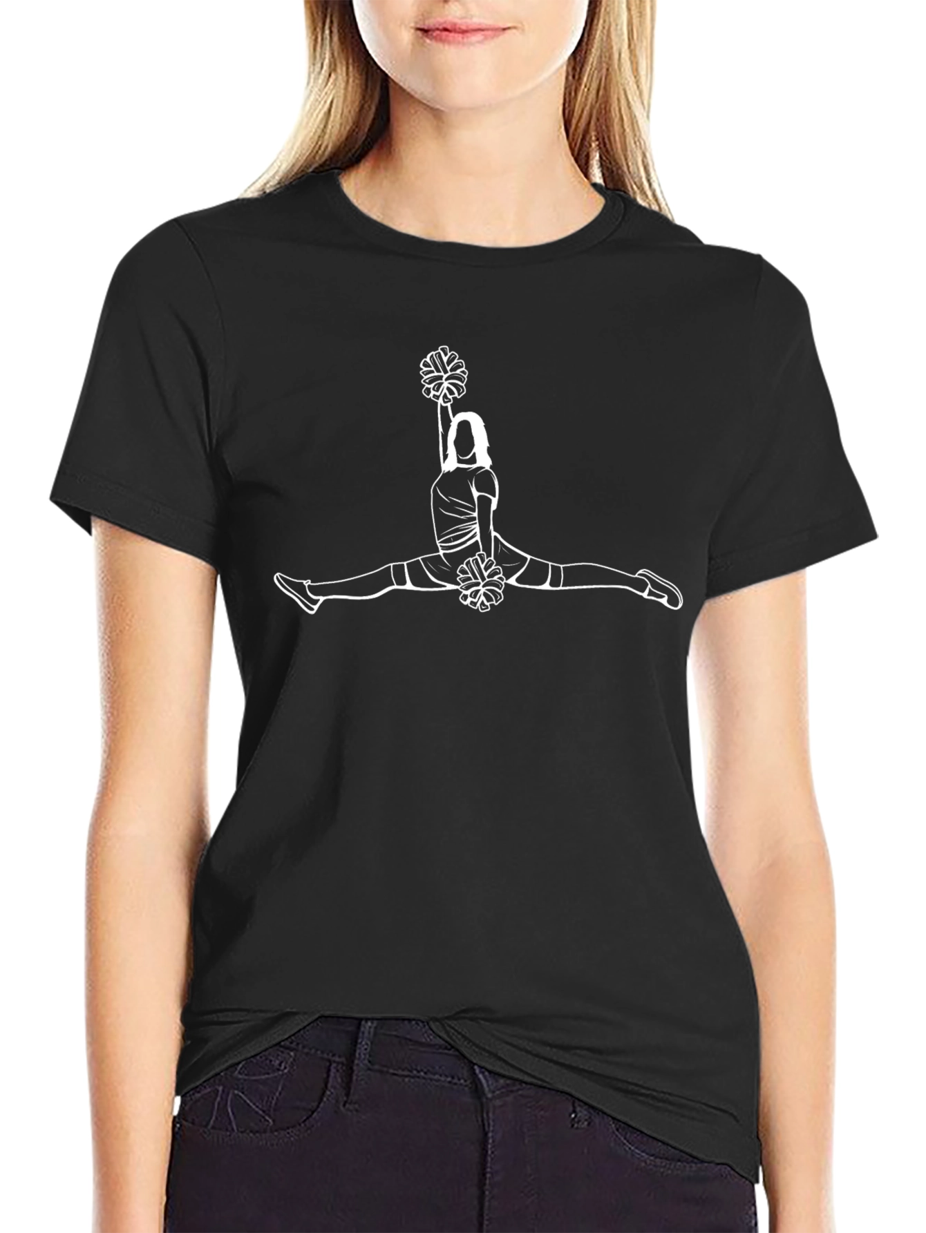 Cheerleader Split Graphic Tee - Black Cotton T-Shirt