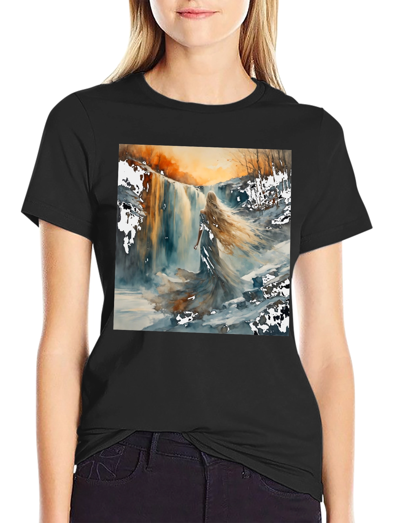 Waterfall Woman Black T-Shirt - Artistic Design