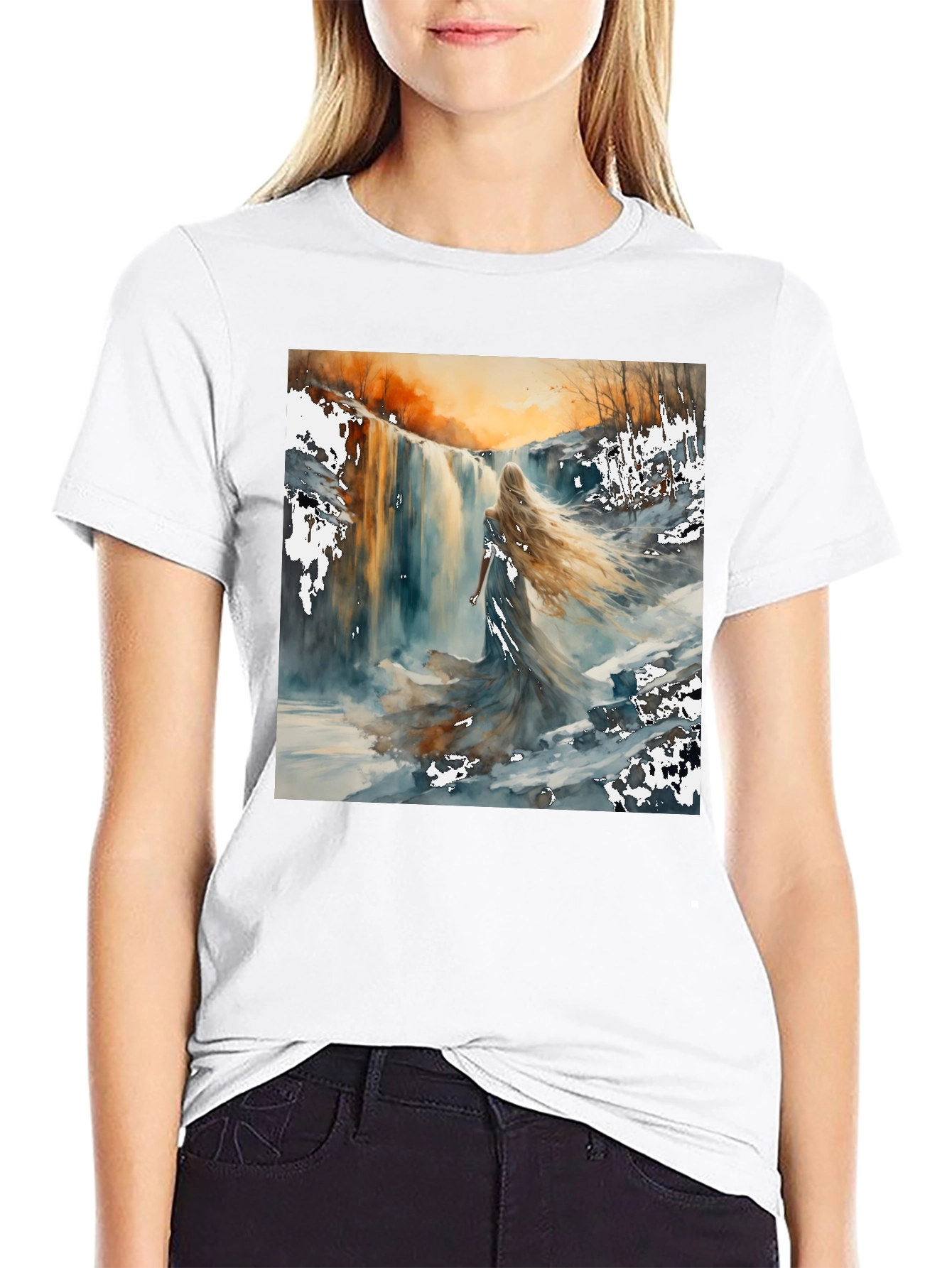 Waterfall Woman Black T-Shirt - Artistic Design