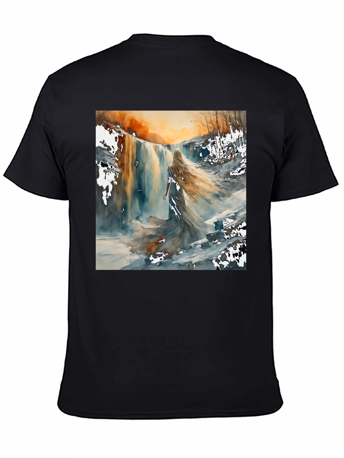 Waterfall Woman Black T-Shirt - Artistic Design