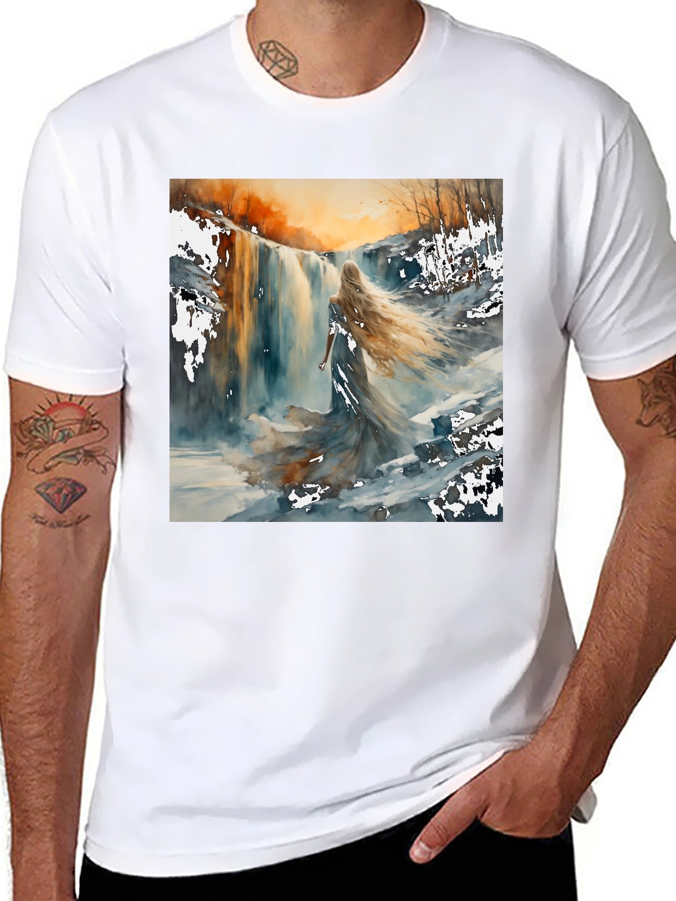 Waterfall Woman Black T-Shirt - Artistic Design