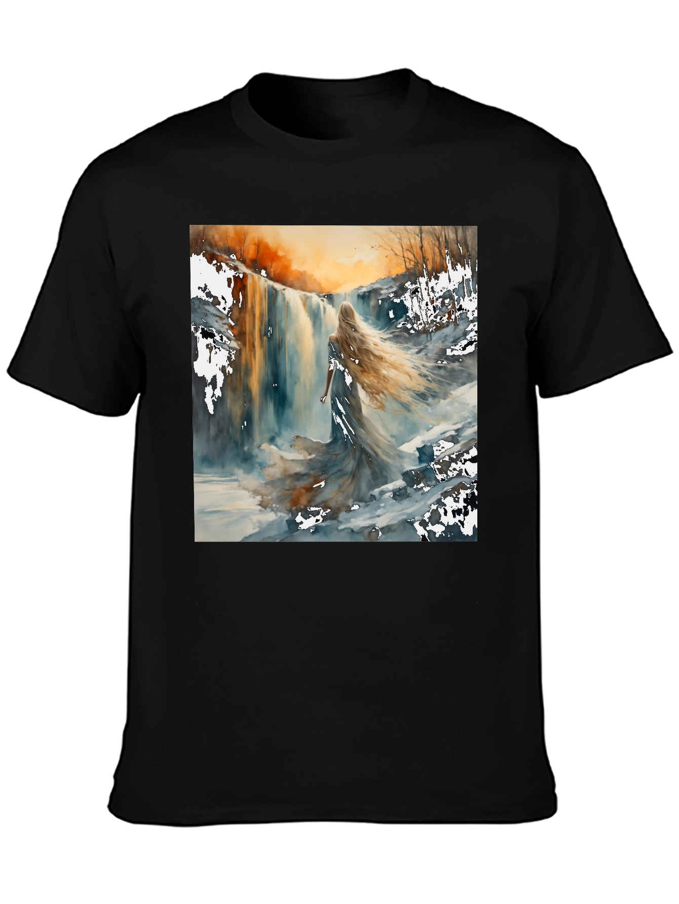 Waterfall Woman Black T-Shirt - Artistic Design