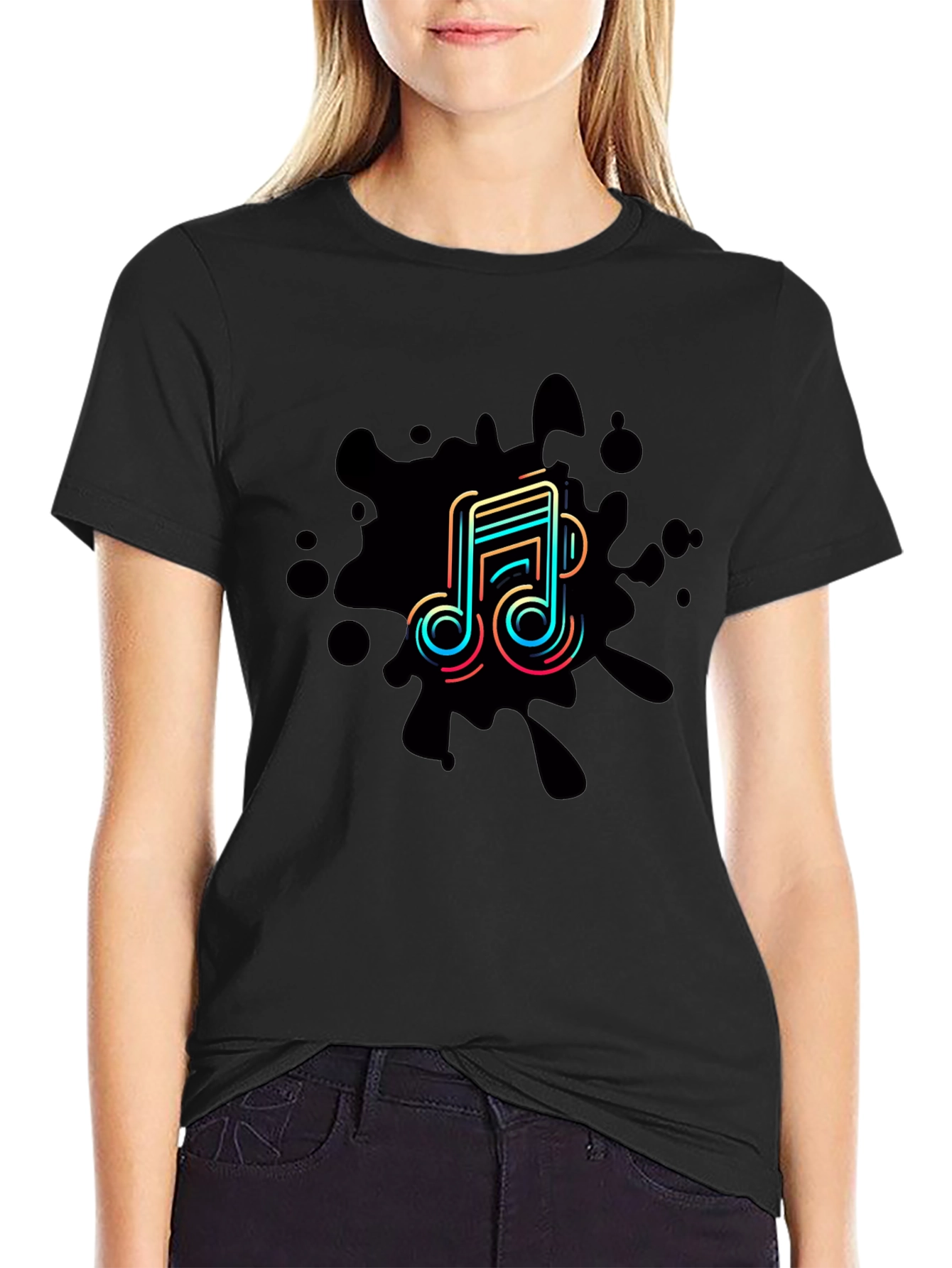 Trendy Music Note Graphic Black T-Shirt