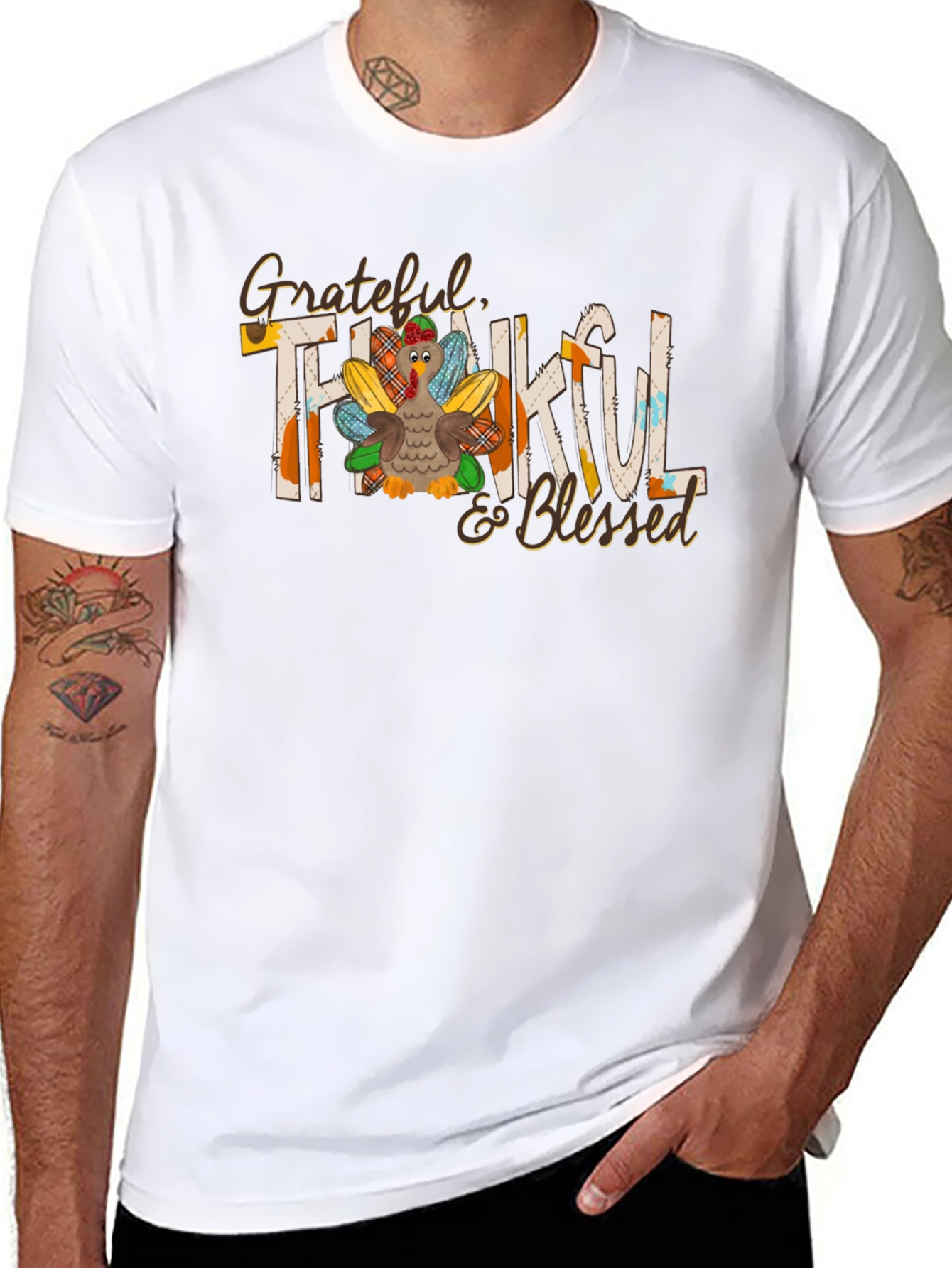 Grateful Thankful Blessed Thanksgiving Turkey Graphic Tee