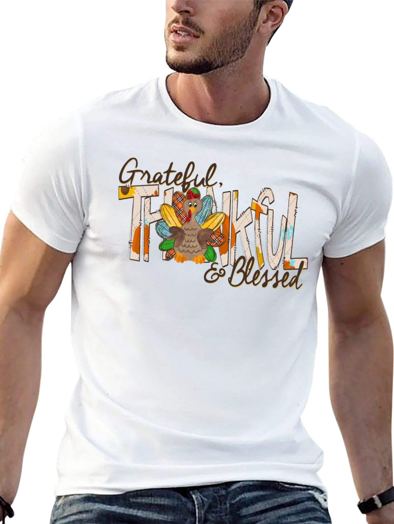 Grateful Thankful Blessed Thanksgiving Turkey Graphic Tee
