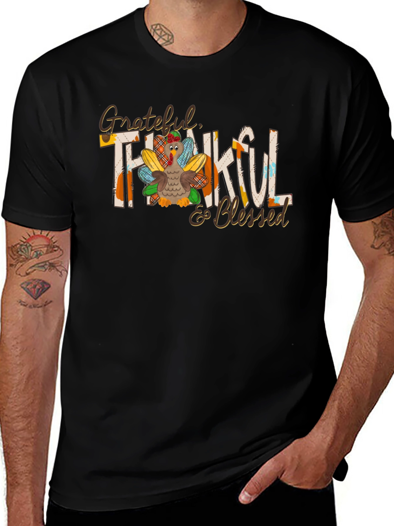 Grateful Thankful Blessed Thanksgiving Turkey Graphic Tee