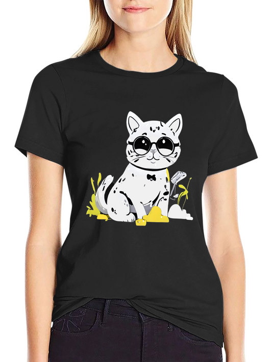 Cat with Glasses T-Shirt - Black Cotton Tee