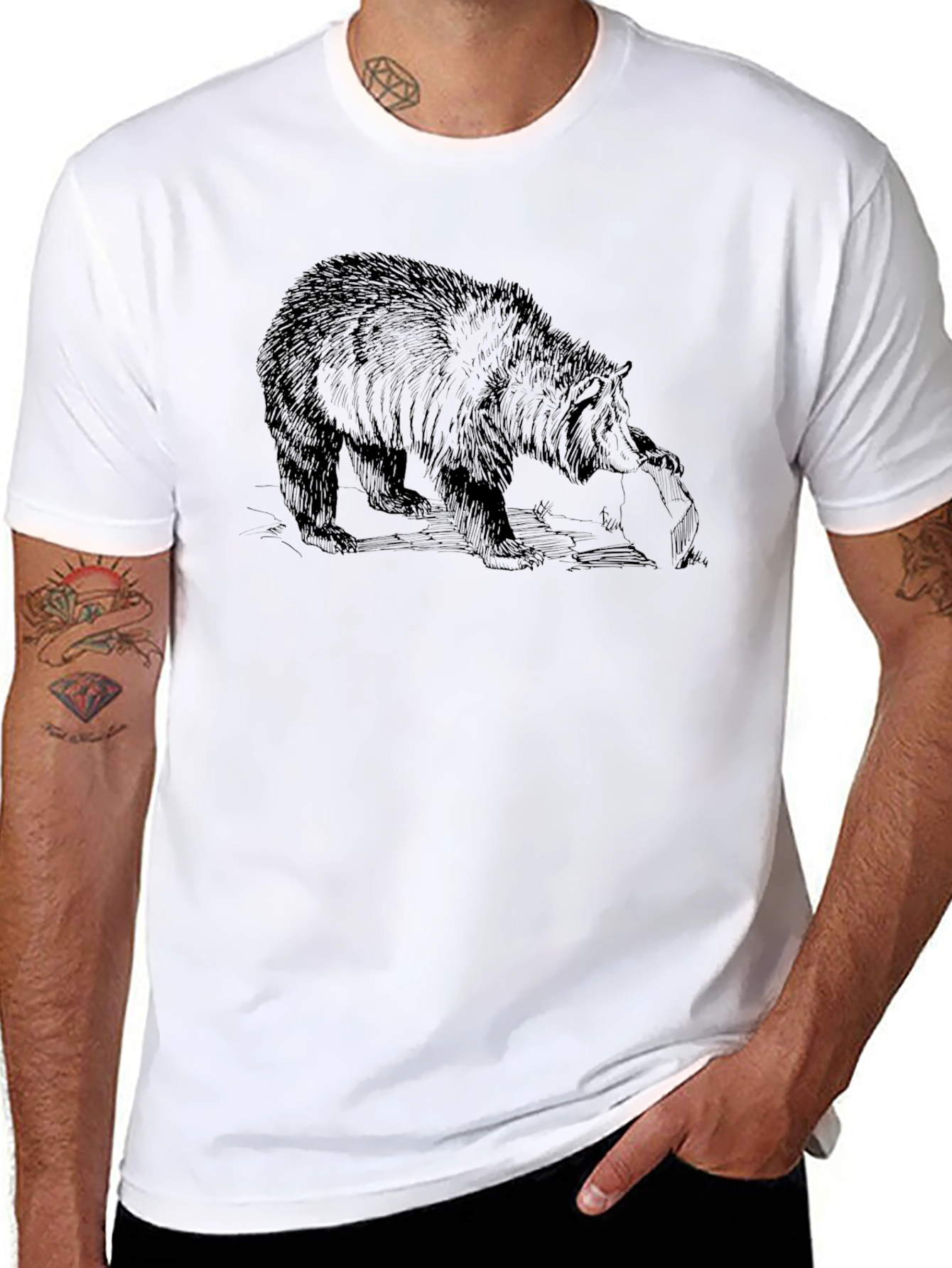 Bear Graphic Print T-Shirt - Mens Black Tee