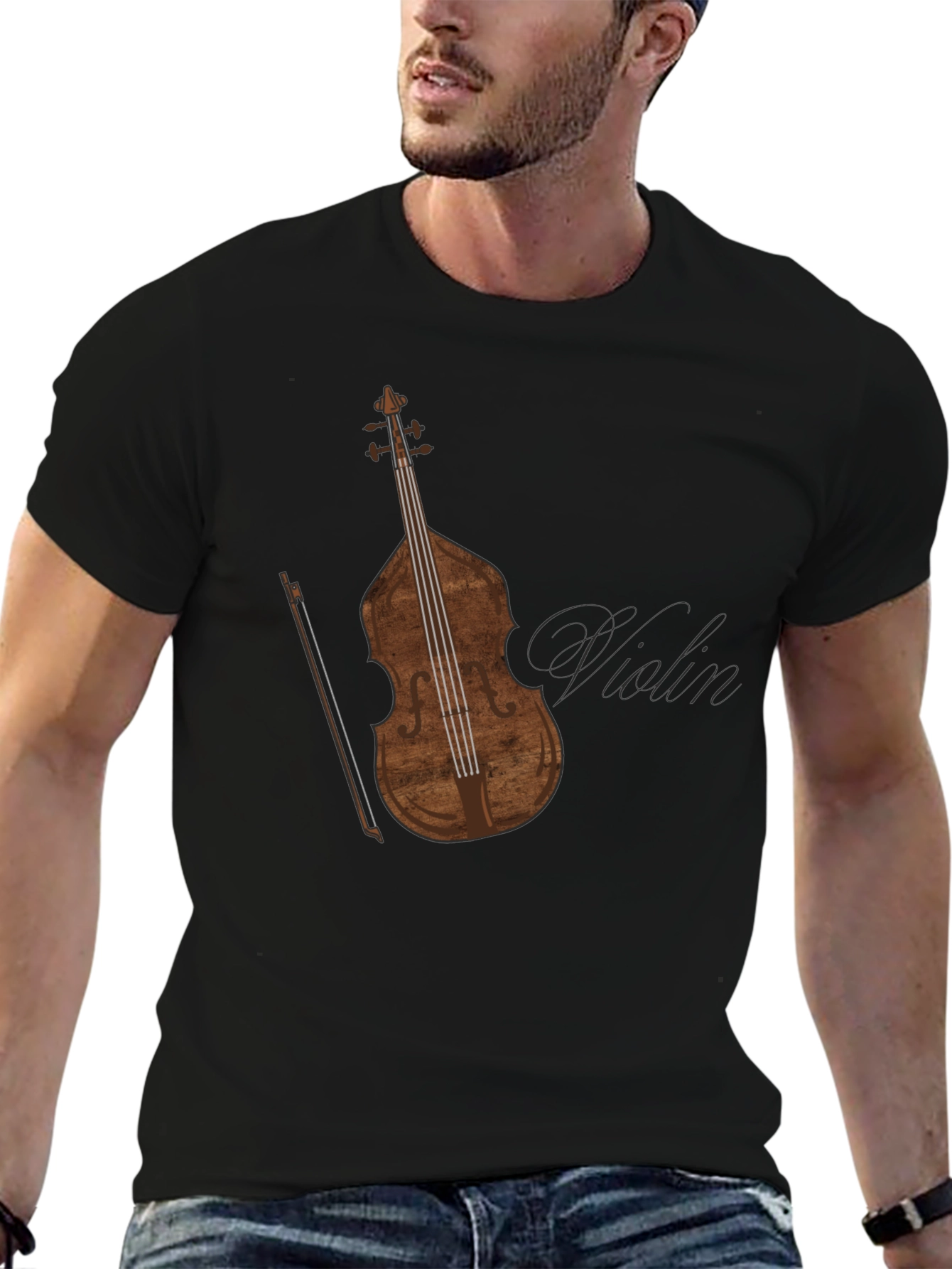 Mens Black T-Shirt with Violin Graphic