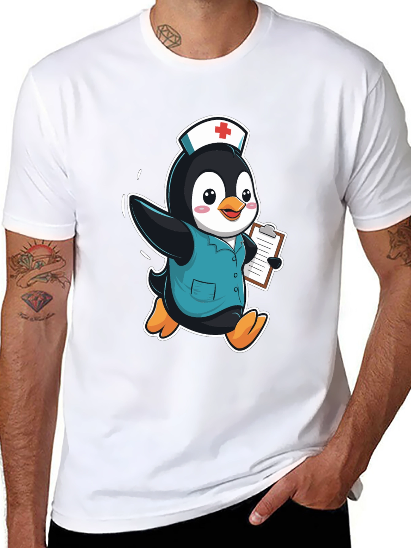 Nurse Penguin Graphic Tee - Black Cotton T-Shirt