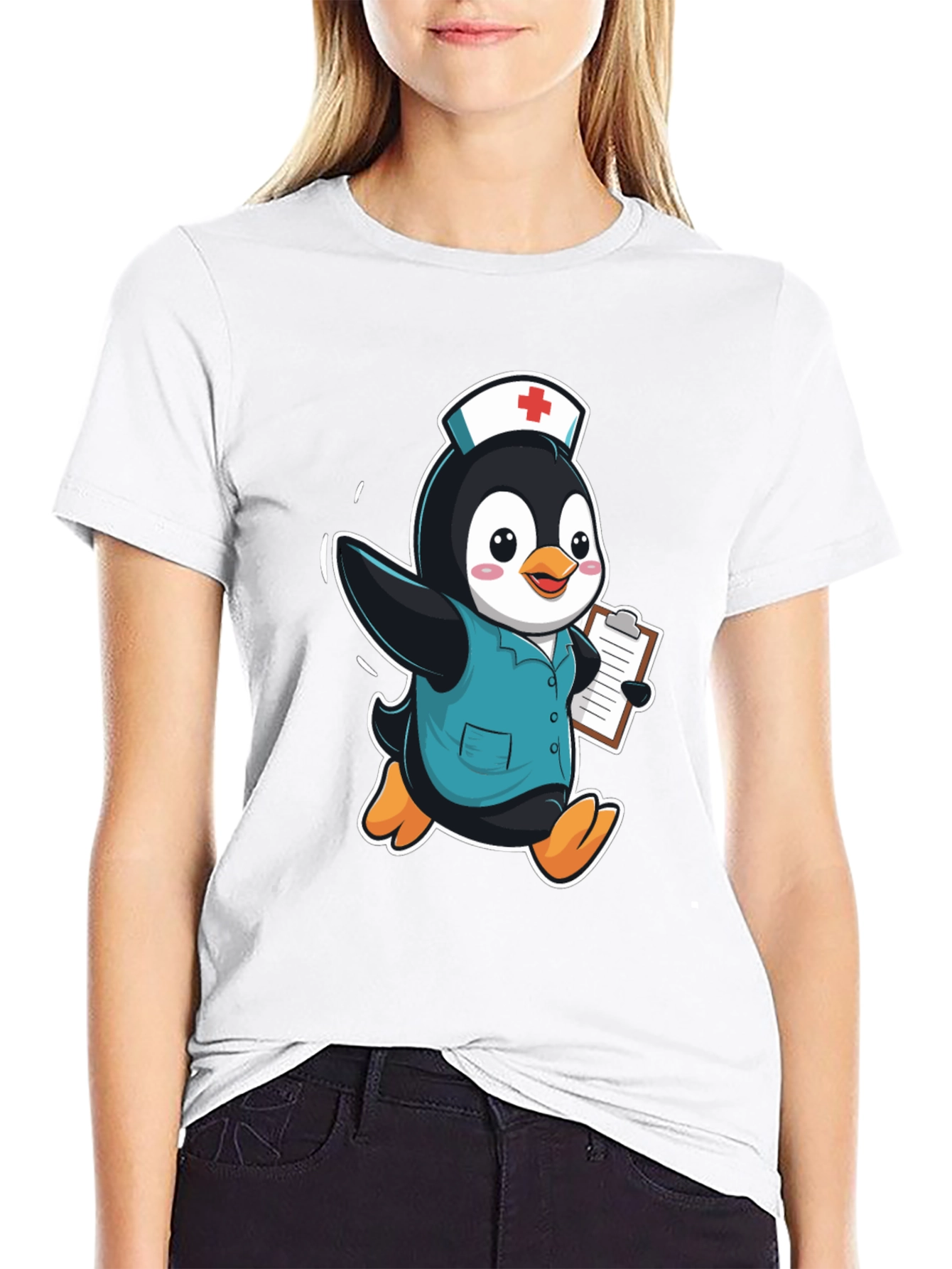 Nurse Penguin Graphic Tee - Black Cotton T-Shirt